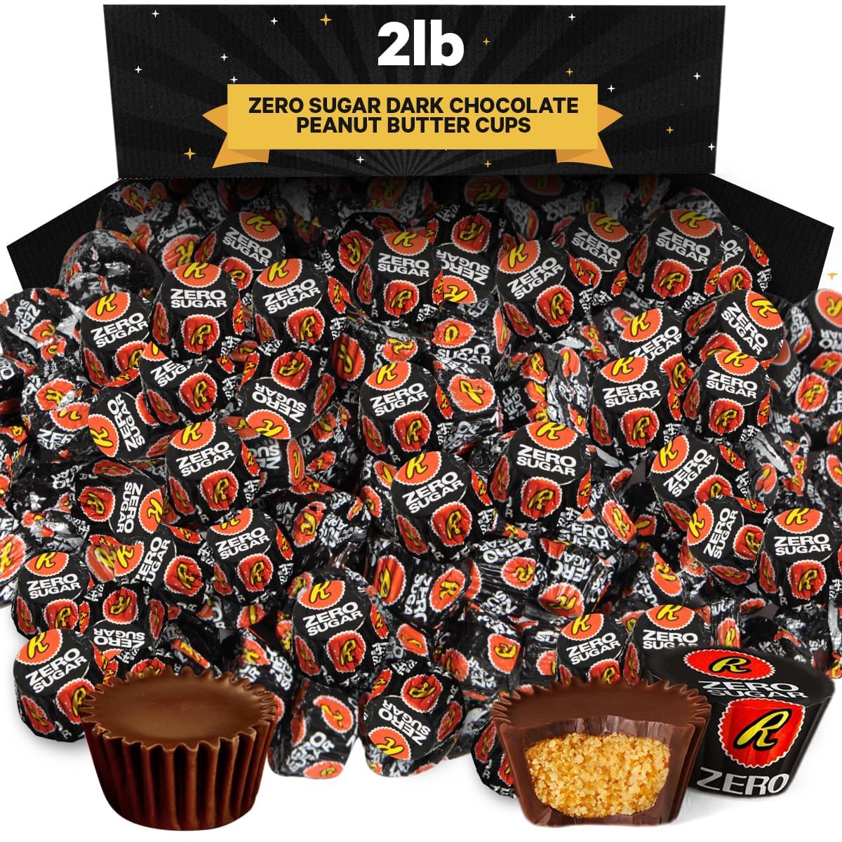 Zero Sugar Miniatures Dark Chocolate, 2 Pound Zero Sugar Peanut Butter Cups Delights, Indulgent Dark Chocolate Peanut Butter Cups For Enjoyment, Perfect For Snacking, Parties, and Gifts