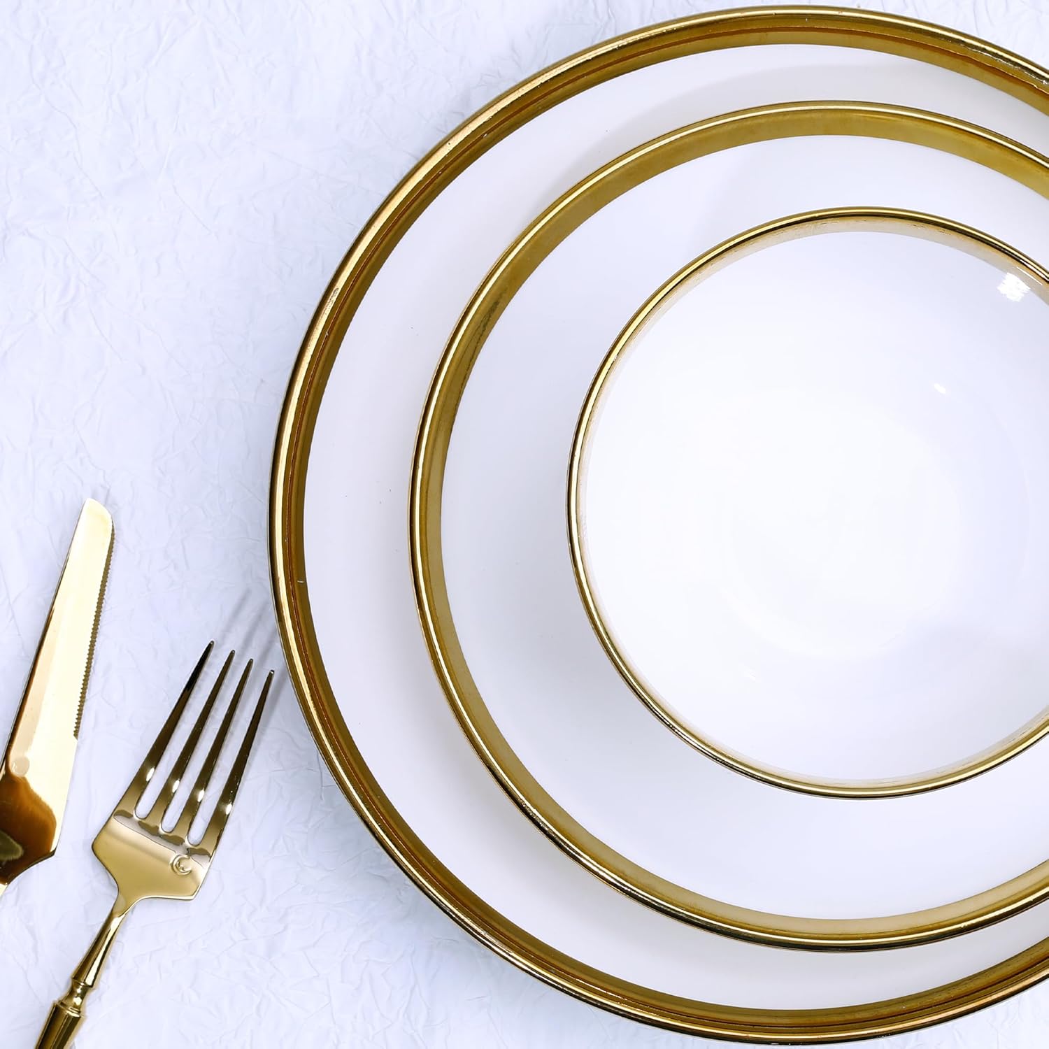 12 Pieces Porcelain Dinnerware with Gold Rim,Stoneware Plates and Bowls Sets Service for 4,Handmade Ceramic Dish Set, Highly Chip and Crack Resistant Modern Plate Set, White and Gold