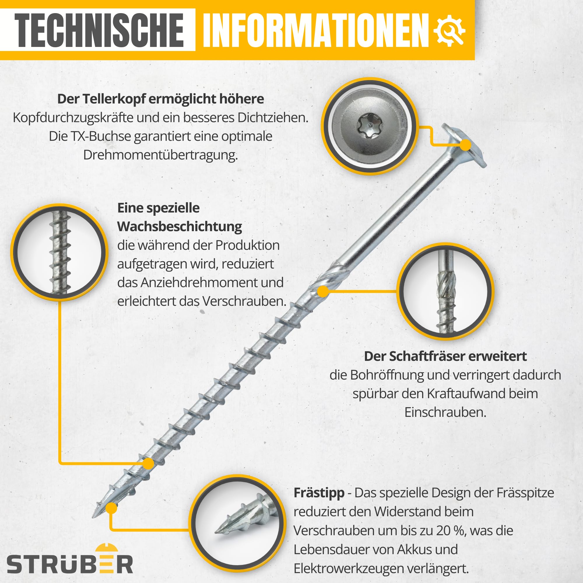 STRÜBER Viti per legno a testa piatta Torx (6x30 mm / 100 pezzi / TX30) - per costruzioni di tetti, travi, carpenteria, truciolato - Acciaio zincato bianco - Punta Torx inclusa