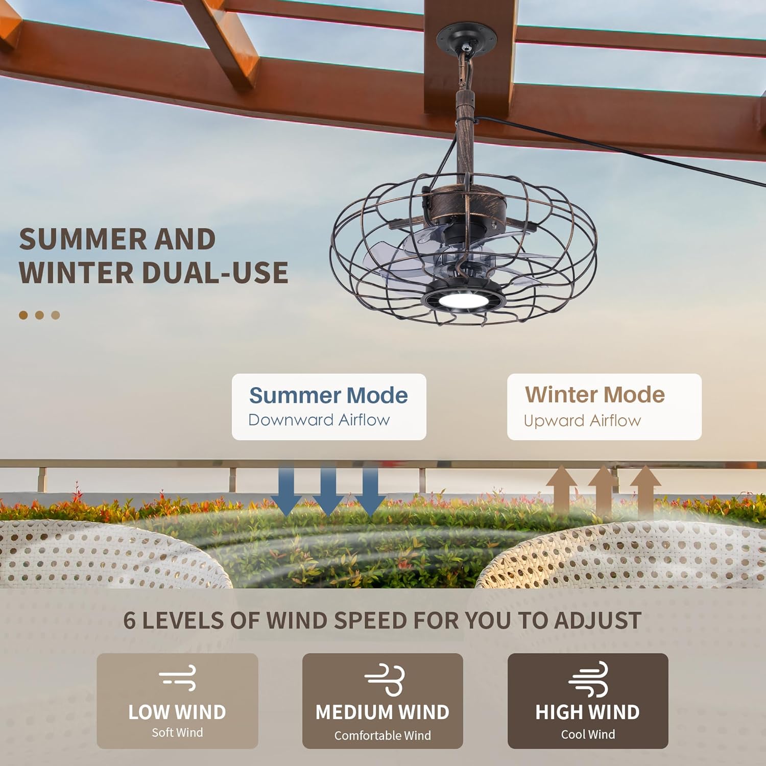 Outdoor Ceiling Fan with Lights, 15" Weatherproof Gazebo Hanging Fan with Remote Control Smart App, Plug in Caged Ceiling Fan with 3CCT Dimmable,Ceiling Fan with Hanging Hook for Porch, Pergola,Canopy