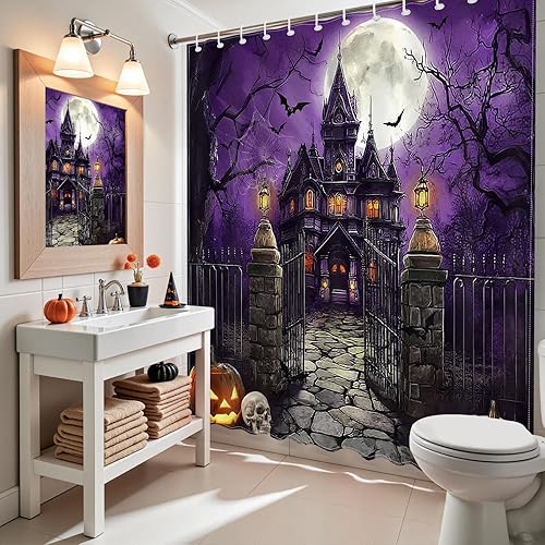 Miniatura 8 de Mocsicka Cortina de ducha de casa embrujada de Halloween, castillo de terror, noche aterradora, luna llena, calabaza, cortina de ducha impermeable