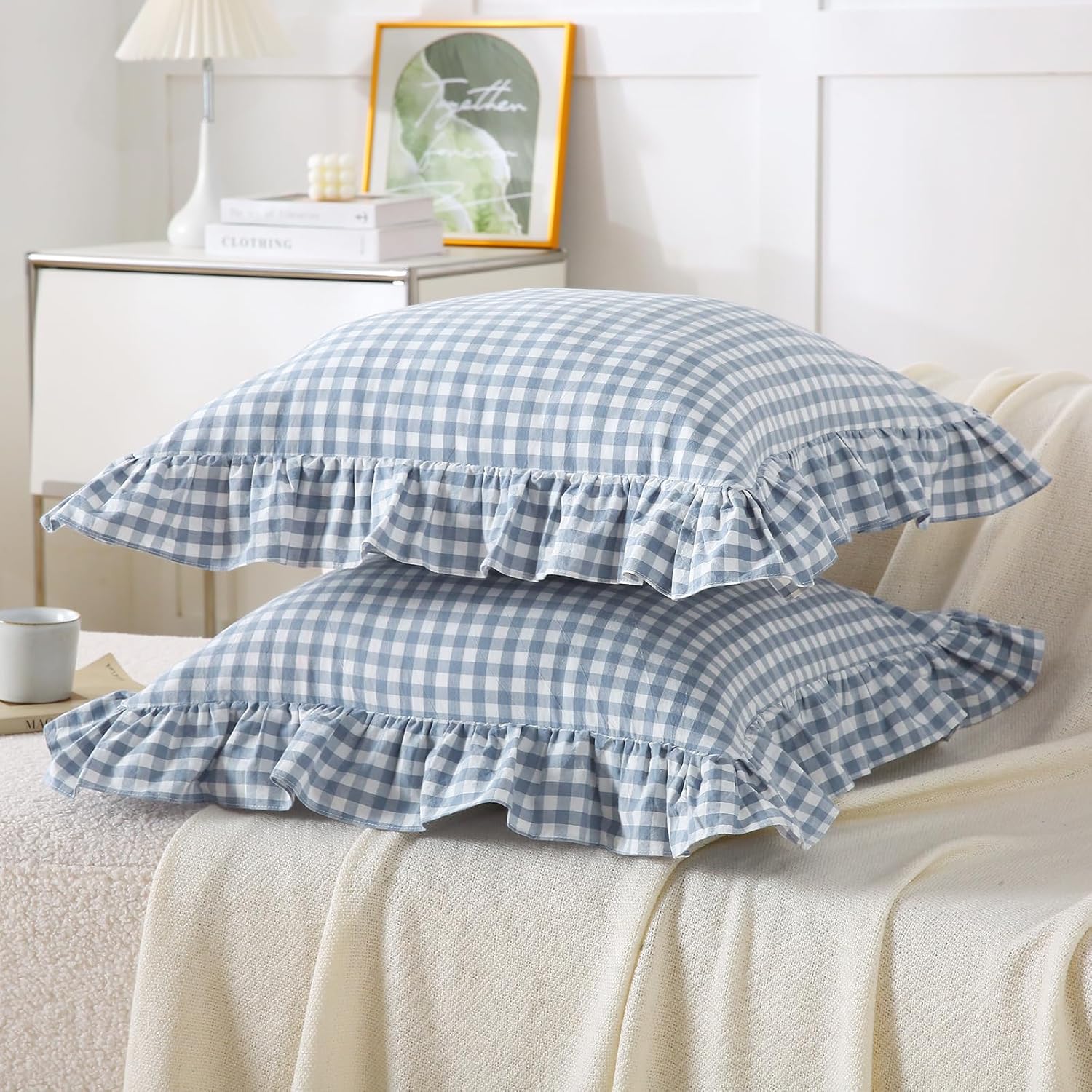 Aryeleay 2 Pack Light Blue White Plaid Gingham Ruffle Pillow Shams, 100% Washed Cotton Checkered Farmhouse Pillow Covers for Bed/Sofa-18 x18