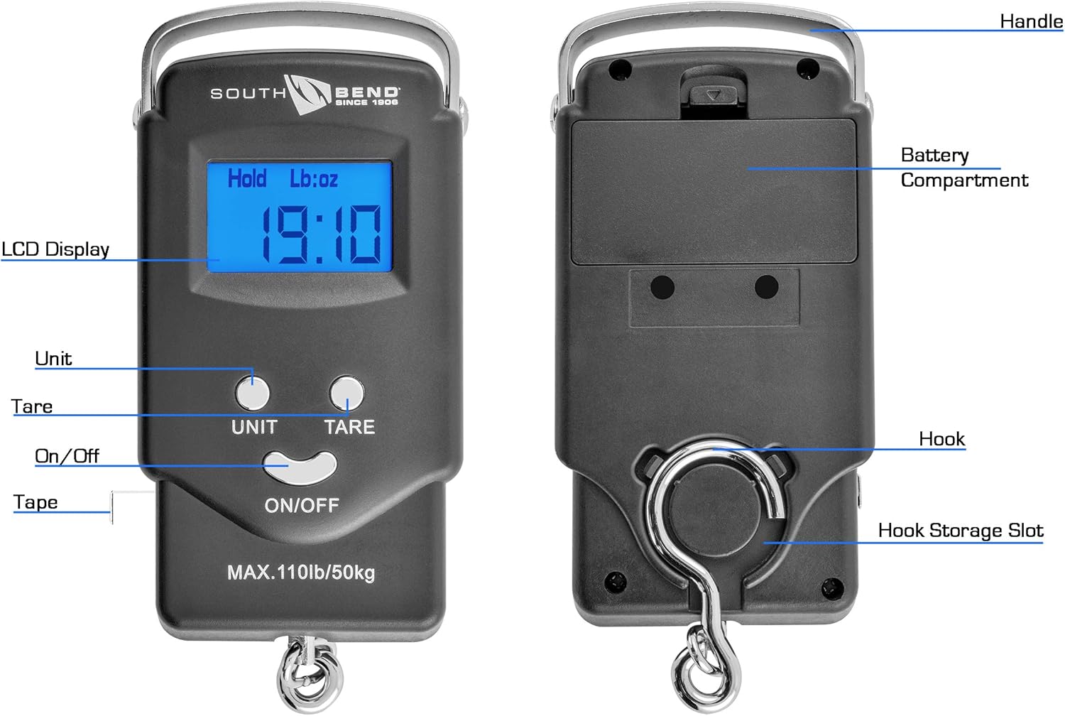 South Bend Digital Hanging Fishing Scale and Tape Measure with Backlit LCD Display, 110lb/50kg Weight Capacity (Batteries Included) : Sports & Outdoors