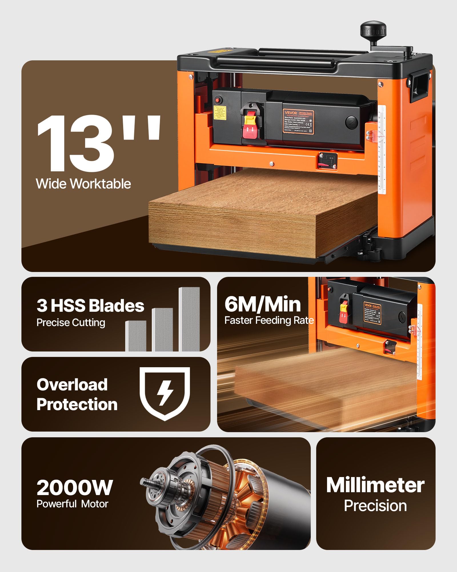 VEVOR Dickenhobel, Dreiblatt, 330 mm breiter Arbeitstisch, Hobelmaschine, 2000 W, Hobel 23500 U/min, Doppelrollen, Überrollschutz, Holzbearbeitung mit Einzelgeschwindigkeit, für Hart- & Weichholz