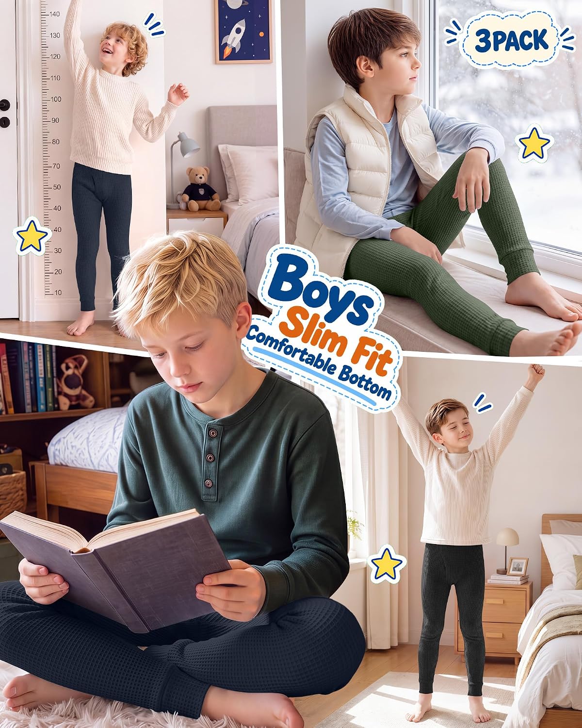 3 Pack Boys Thermal Underwear Leggings