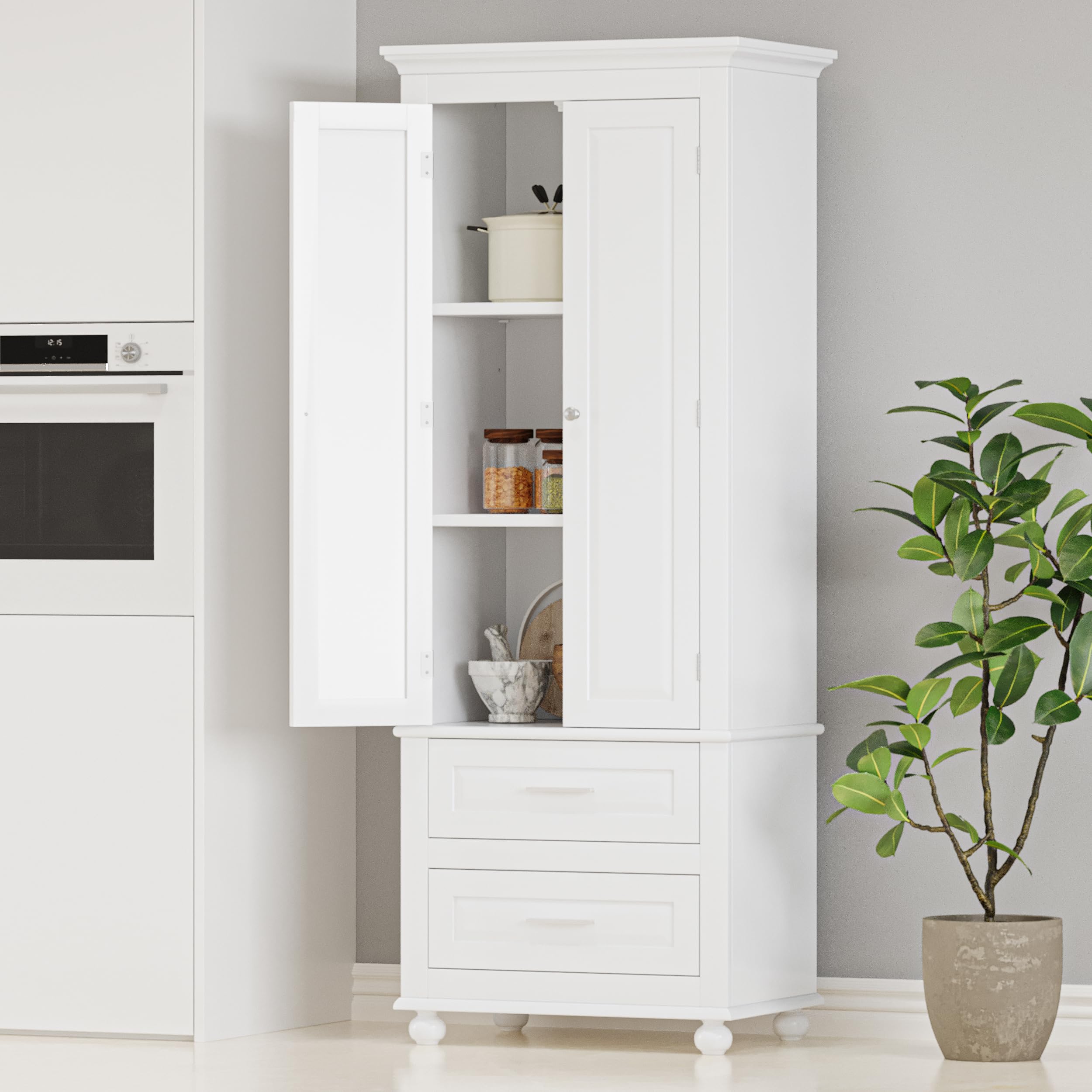 Merax 62.5" Storage Cabinet with Doors and Drawers, Kitchen Pantry Cupboard Shelf Organizers for Home, Bathroom and Living Room, Solid Wood Legs, Gray