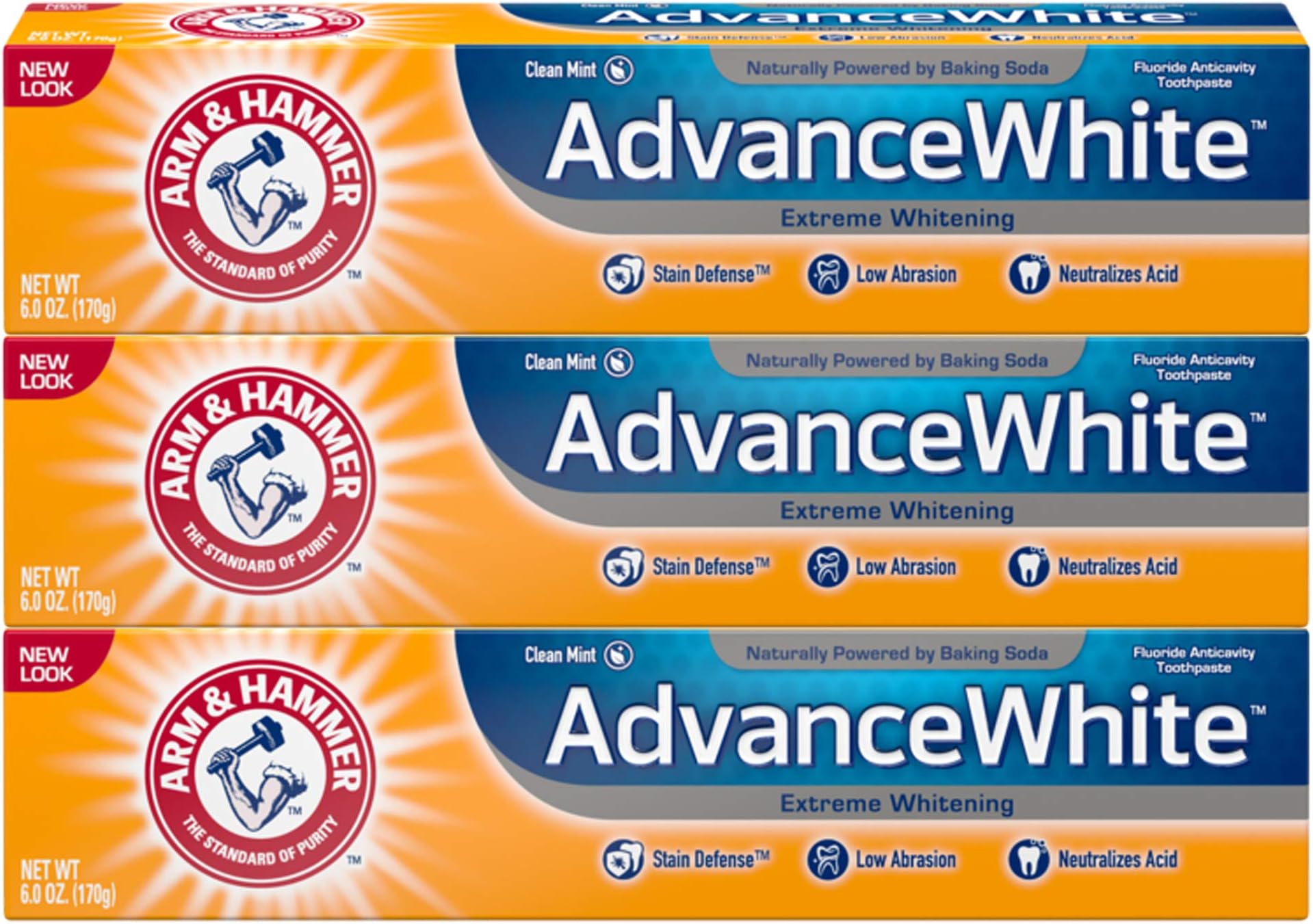 ARM & HAMMER Advanced White Extreme Whitening Toothpaste, TRIPLE PACK (Contains Three 6 Ounce Tubes) -Clean Mint - Fluoride Toothpaste (Pack of 3)
