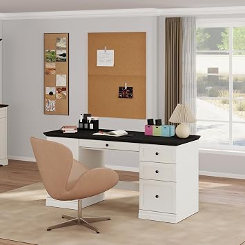 Bevfint 60.5" Executive Office Desk, Classic Computer Desk with File Drawer, Keyboard Tray Cabinet Storage, Farmhouse Wood Writing Desk for Home Office or Study, White with Black Desktop