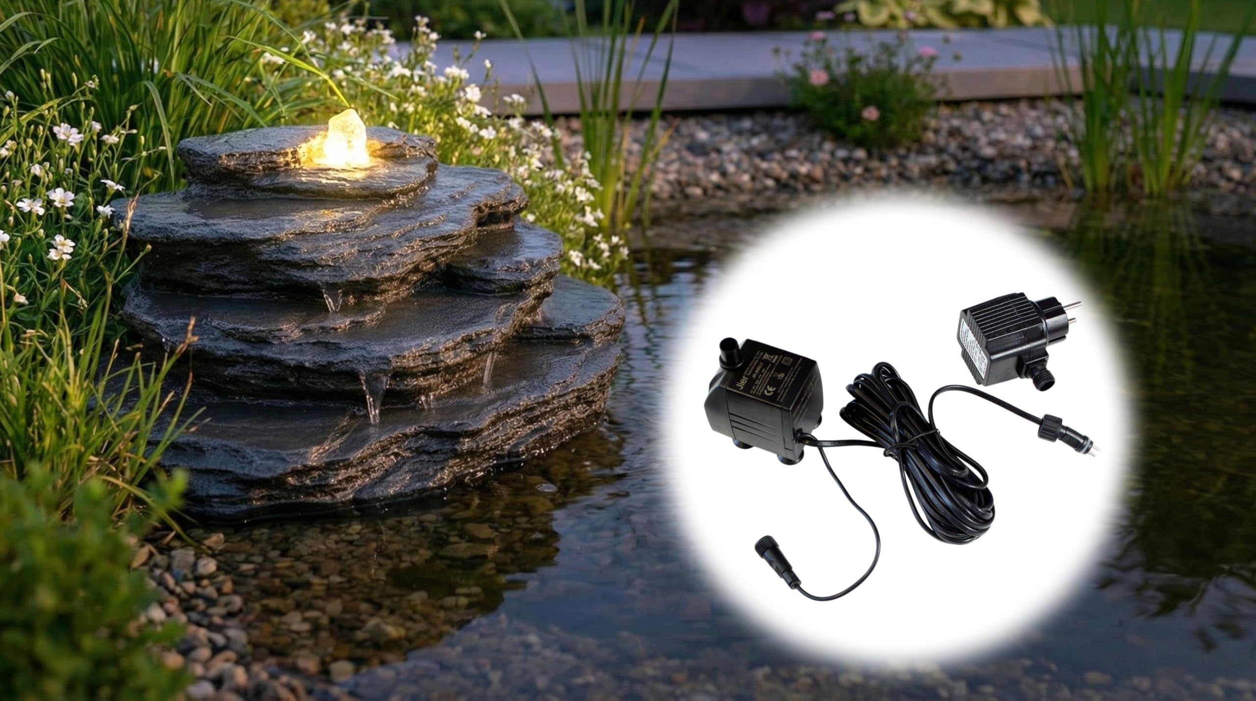 Künstlicher Quellstein Felsen mit LED Beleuchtung OG-KQS002 Realistische Steinoptik, inkl. 2 m Schlauch – Wetterfest für Teich & Bachlauf Schiefer-Optik Springbrunnen Gartenbrunnen (OG-KQS002 + Pumpe)