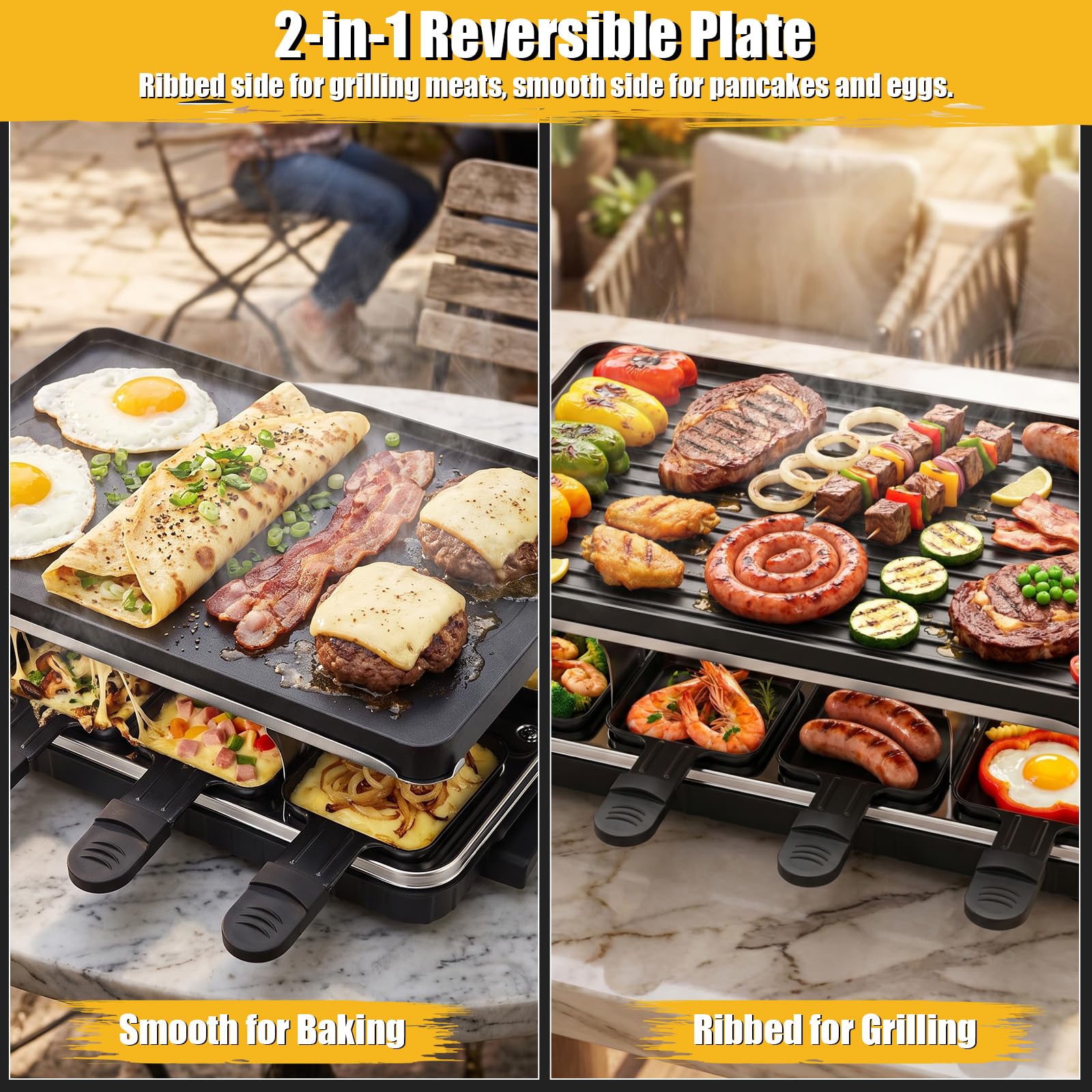 GFTIME Raclette 8 Personen, Raclette Grill Antihaft mit 8 Pfännchen-1300W
