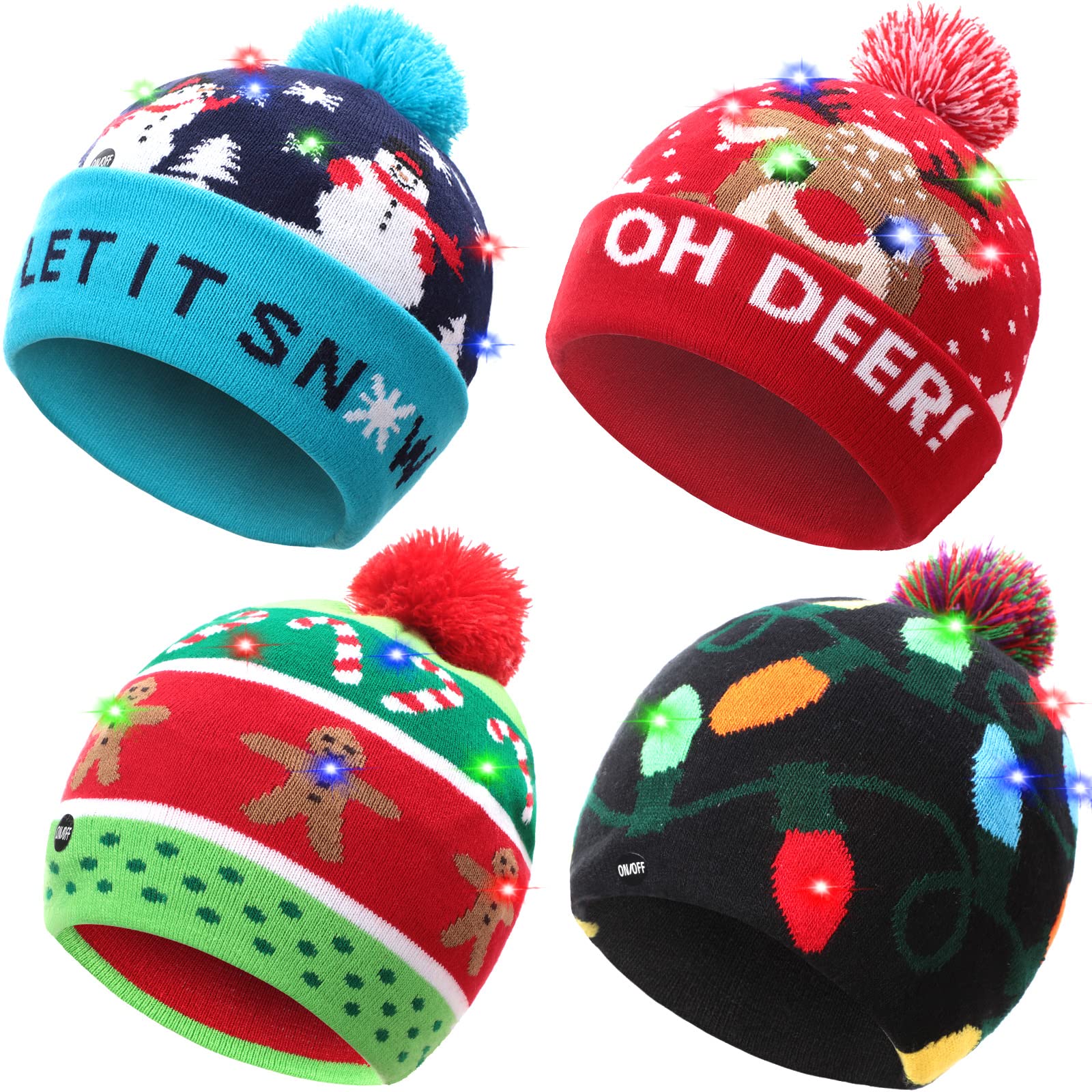 4 Pieces Lights Christmas Hat LED Beanie Knit Cap Colorful Light Up Christmas Hat Novelty LED Snow Hat Winter
