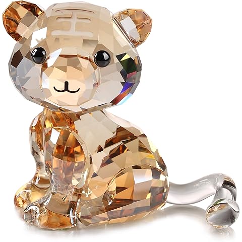 DOJOZ Crystal Tiger Figurine Lovely Cartoon Zodiac Collectible Ornament Animal Home Decor Birthday Gifts (Gold)