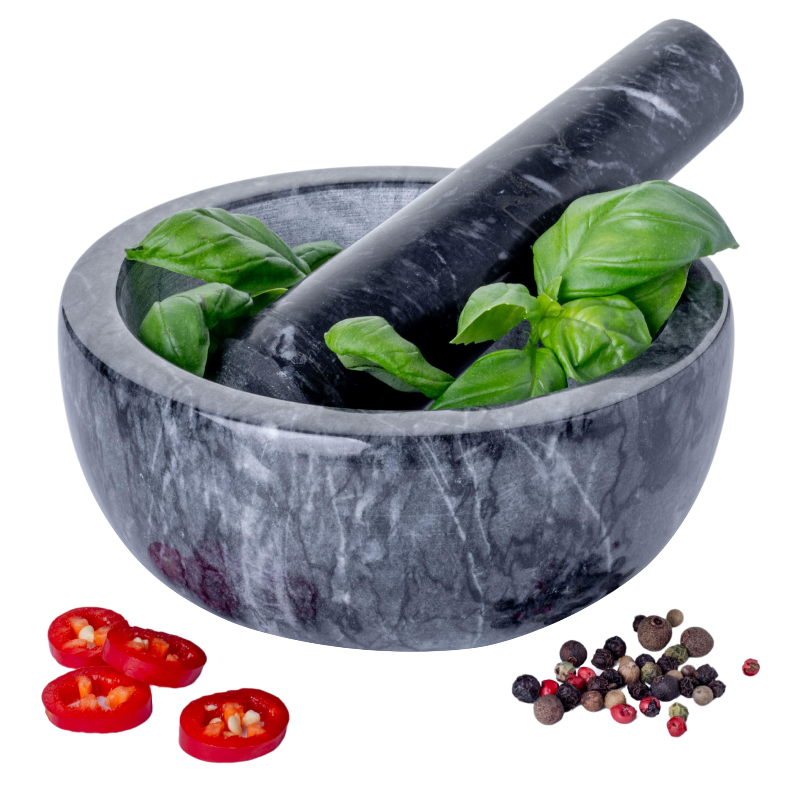 Homiu Marble Pestle and Mortar Set | Premium Solid Stone Grinder Bowl | Herb Grinder Kitchen | Large 15.5cm Diameter | Ideal for Guacamole Spice Herb Ginger Garlic Crusher