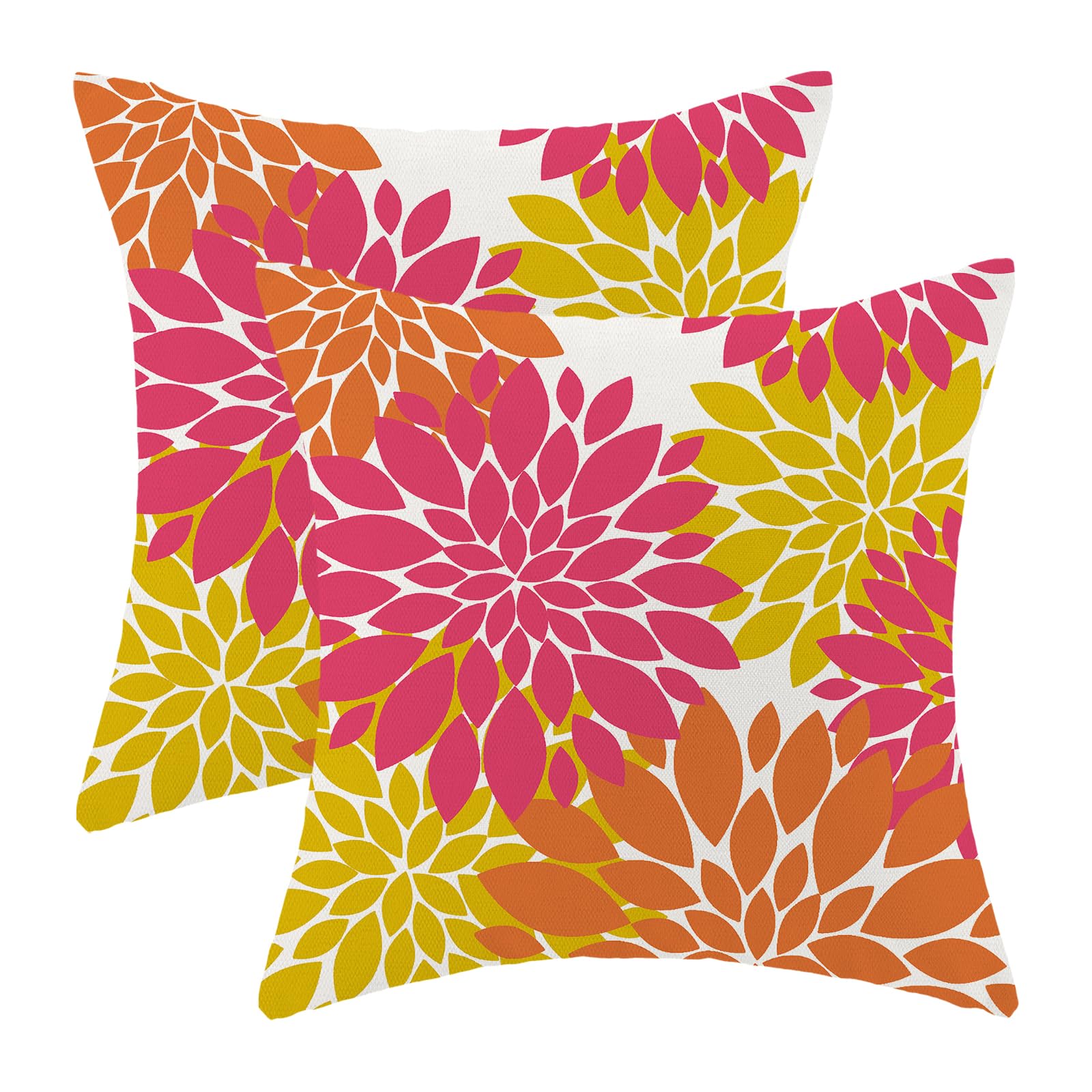 CXMEIFLY Hot Pink Summer Outdoor Pillow Covers 18x18 Inch Set of 2 Orange Yellow Dahlia Floral Decor Throw Pillows Modern Geometry Flower Decorative Cushion Cases for Sofa Couch Bed Decorations — image 1