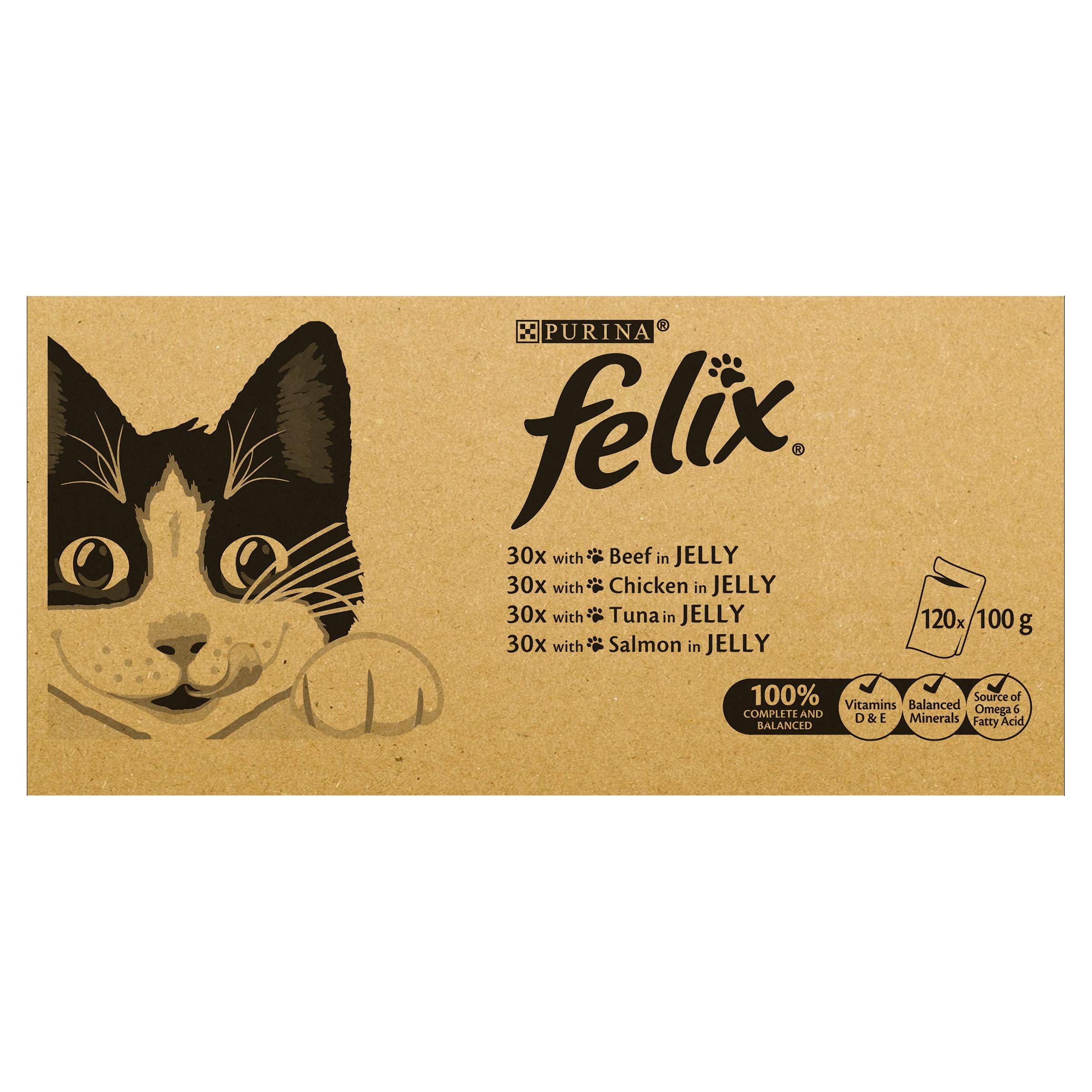 Felix Cat Food Manzo, pollo, tonno, salmone in gelatina 120 x 100 g (120 buste)