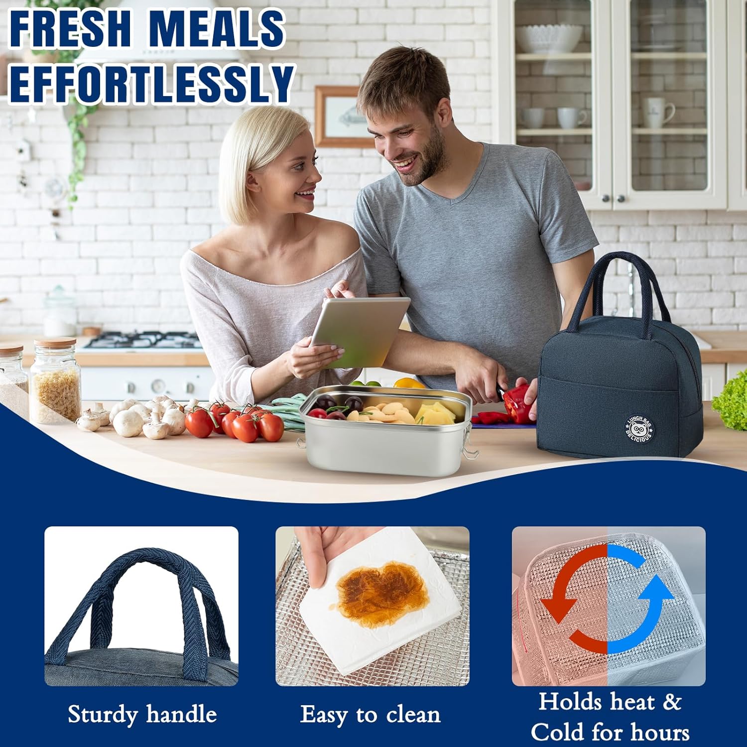 Stainless Steel Lunch Box Leakproof 3-Compartment Tray, 1800ml Stainless Steel Bento Box with Utensil Set, Sauce Cups and Lunch Bag, Dishwasher-Safe Snack Box for Work, Office, Travel, Picnic - Image 6