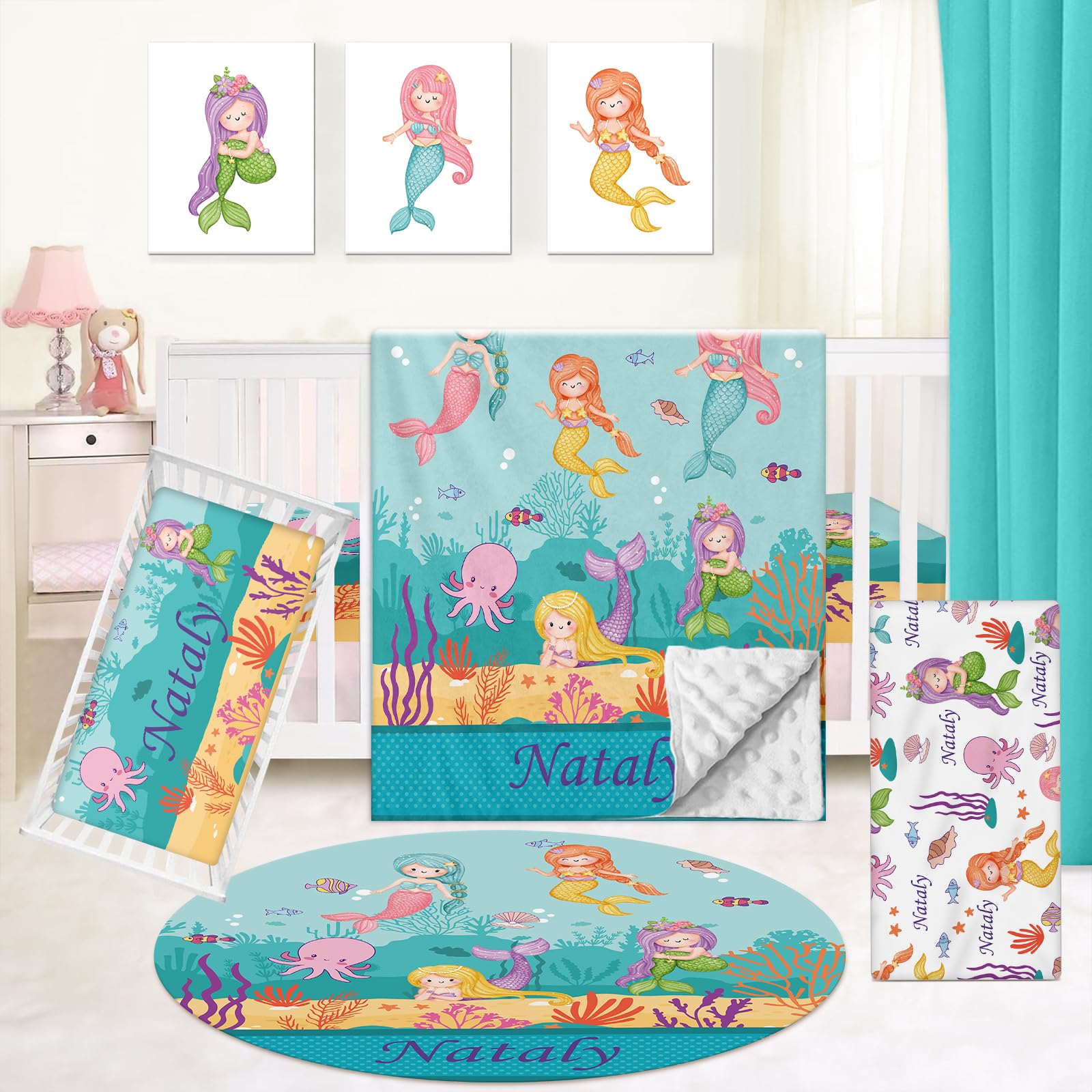 Kotagi Personalized Baby Crib Bedding Set - 5 Piece Custom Name Baby Crib Sets with Mermaid Pattern for Toddlers Infants, Soft Nursery Bedding Set for Boys Girls, Customized Gift for Newborns