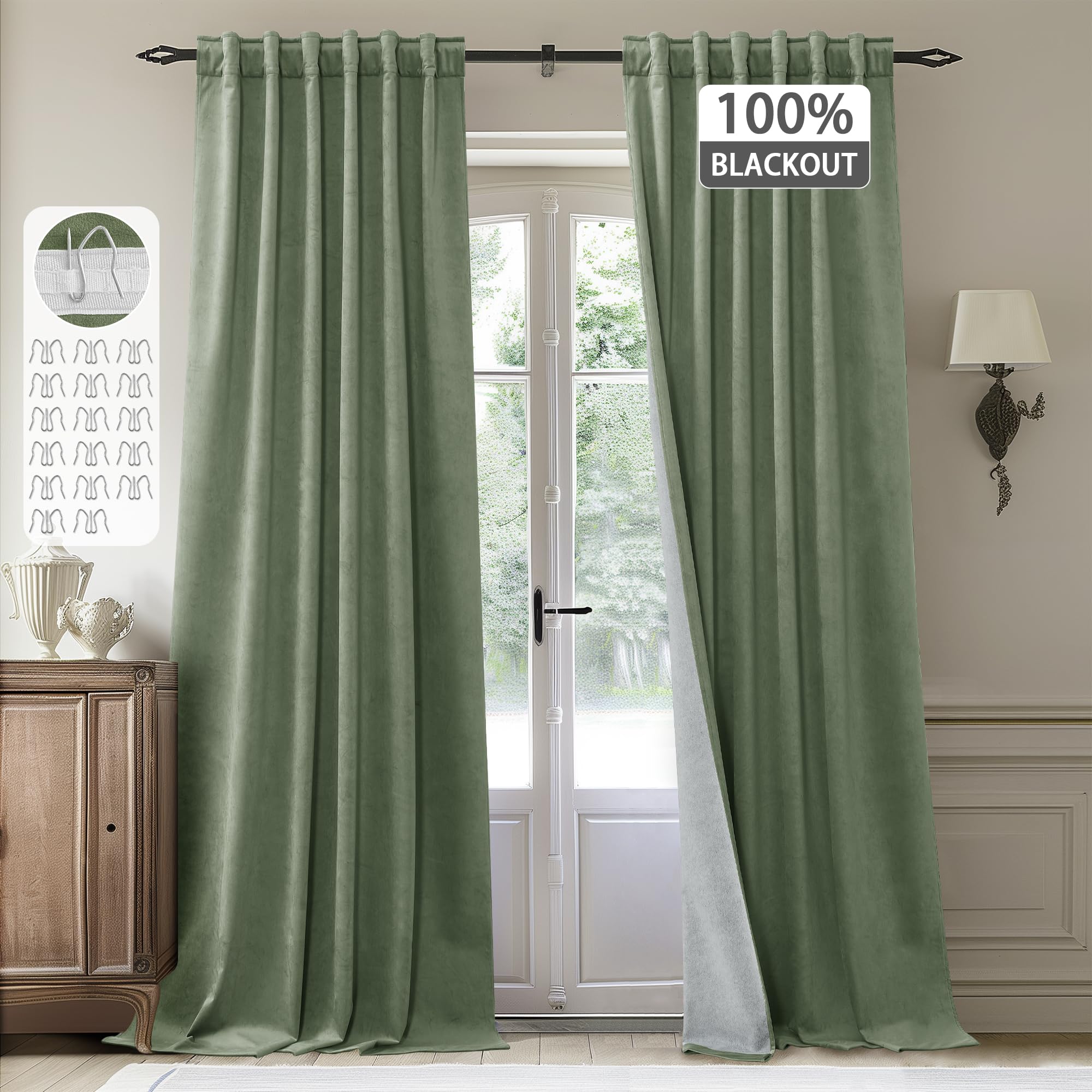 StangH Sage Green Blackout Curtains 96 inches Long, Super Soft Thick Velvet Thermal Insulated Soundproof for Bedroom Living Room Back Tab Hook Belt