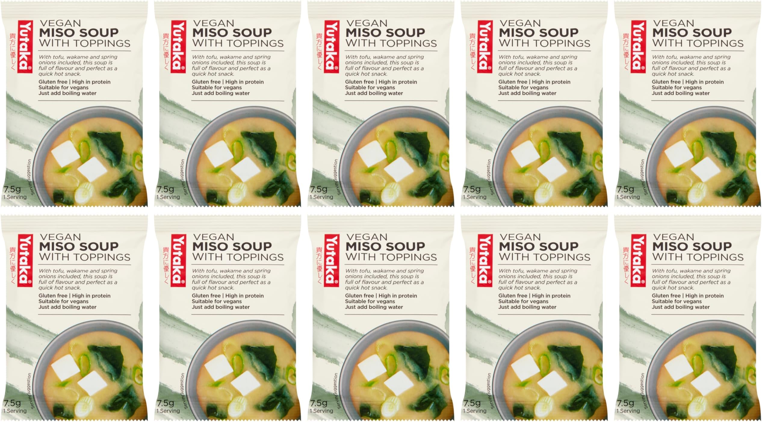Yutaka - Instant Vegan Miso Soup with Toppings, 7.5g, Pack of 10 - with Spring Onion, Tofu & Wakame Seaweed - Gluten-Free, High in Protein - Vegan-Friendly, Quick & Easy to Prepare
