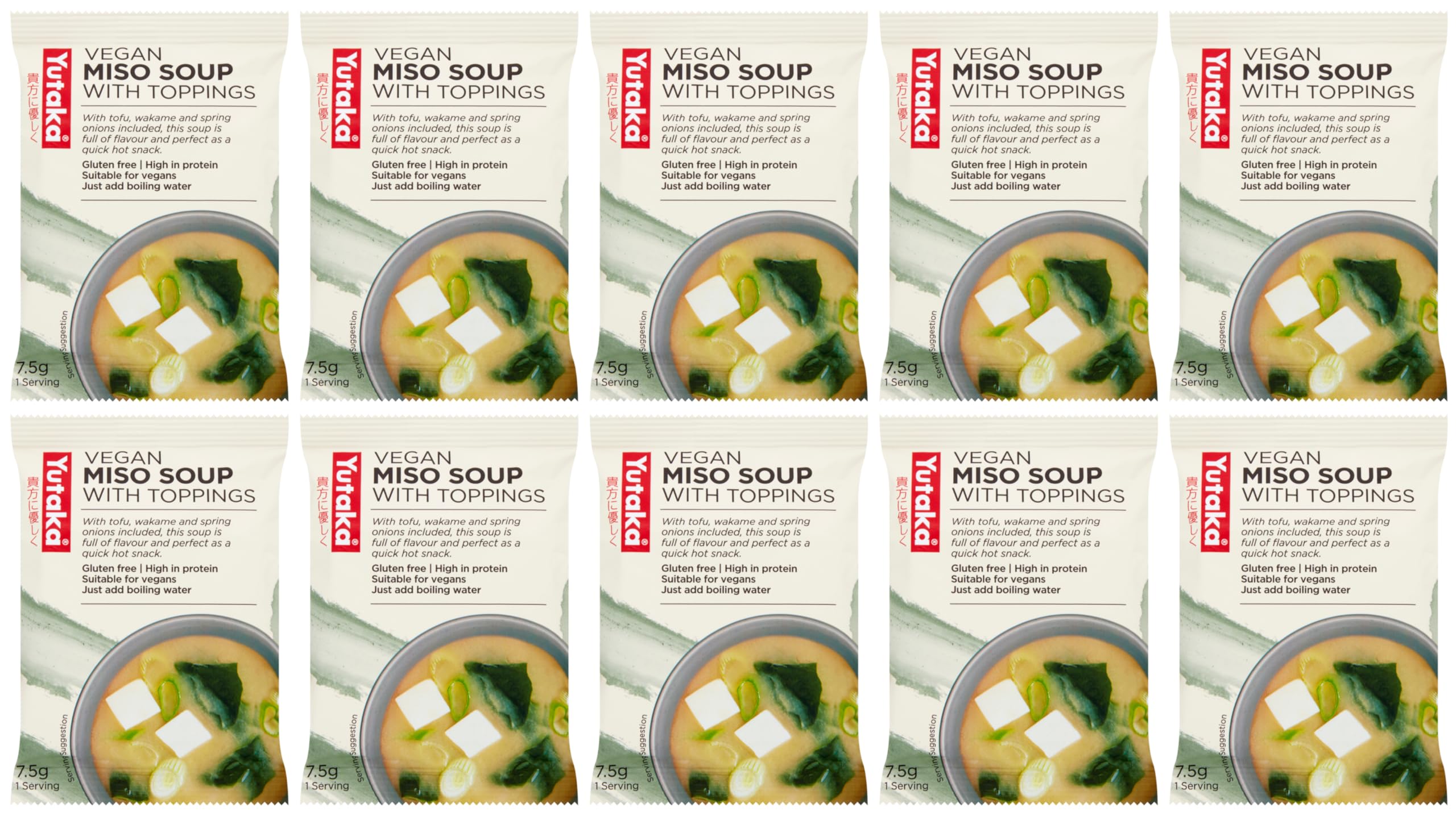 Yutaka Instant Vegan Miso Soup with Toppings 7.5g (Pack of 10) | Japanese-Style Freeze-Dried Soup with Tofu, Wakame & Spring Onion | Gluten-Free, High Protein | Quick, Authentic & Vegan-Friendly