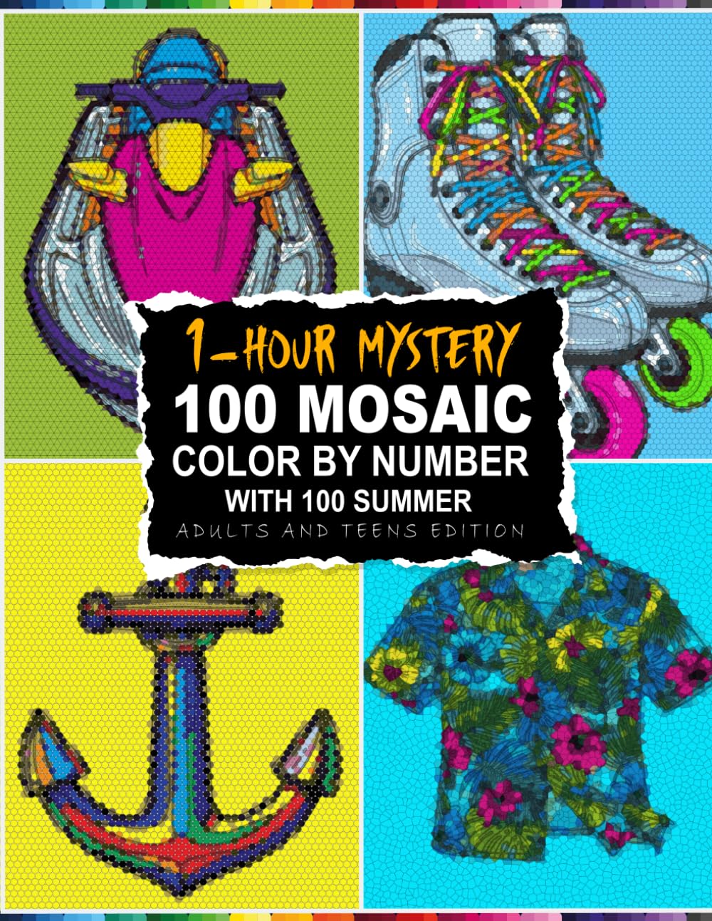 100 MYSTERY MOSAIC: Summer Color By Number with 5 Unique Shapes (Glass, Circle, Triangle, Hexagon, Rectangle) and a Master Color Palette.