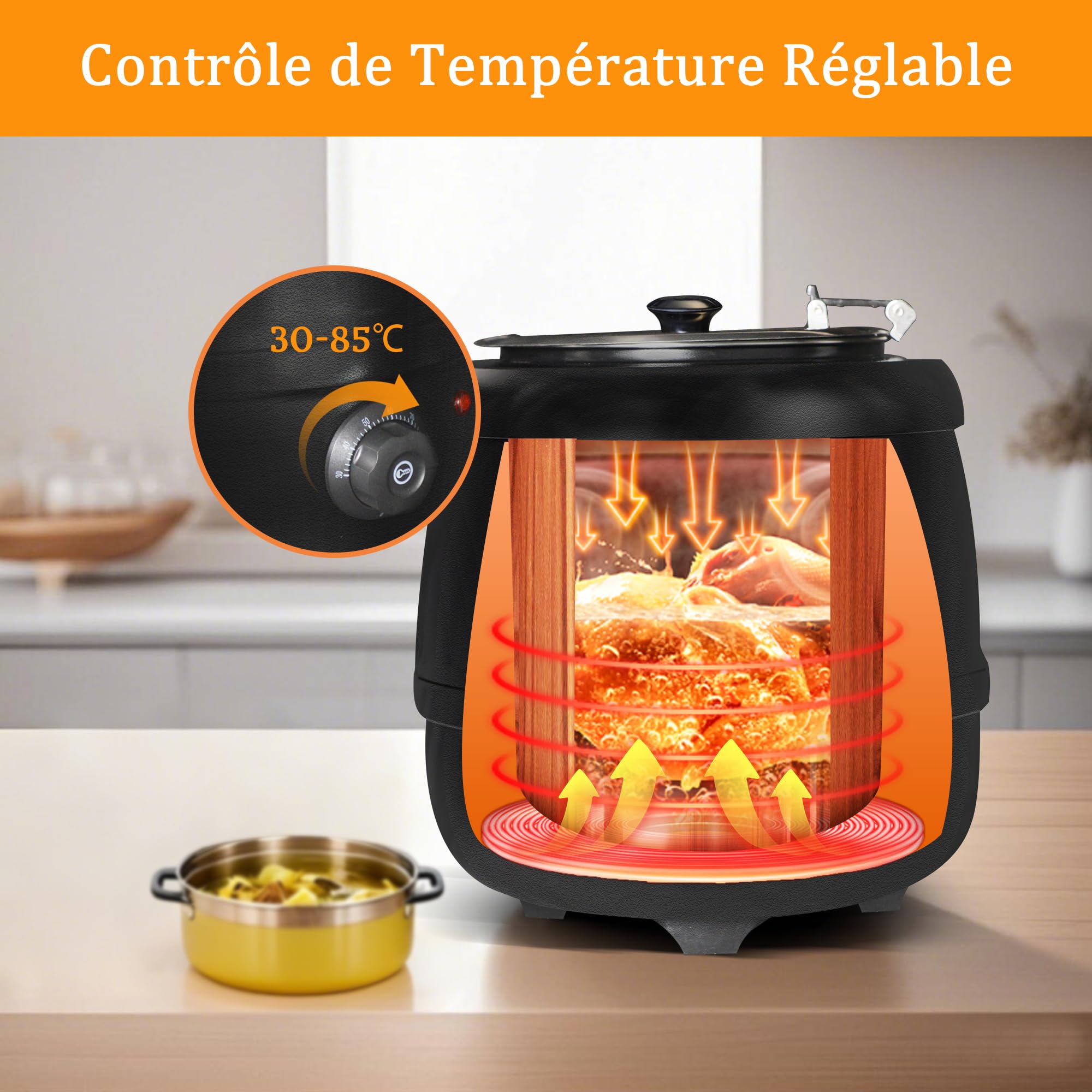 Hakka Marmite à Soupe Électrique10L, Chauffe-Soupe avec Couvercle à Charnière, Marmite Amovible en Acier Inoxydable, Température Réglable de 30 à 85 °C, Pour Restaurant, Buffet et Traiteur.