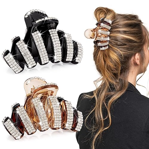 Miniatura 10 de Noverlife 3 pinzas para el pelo con diamantes de imitación para cola de caballo alta, pequeñas pinzas de metal para el pelo de tiburón para cabello