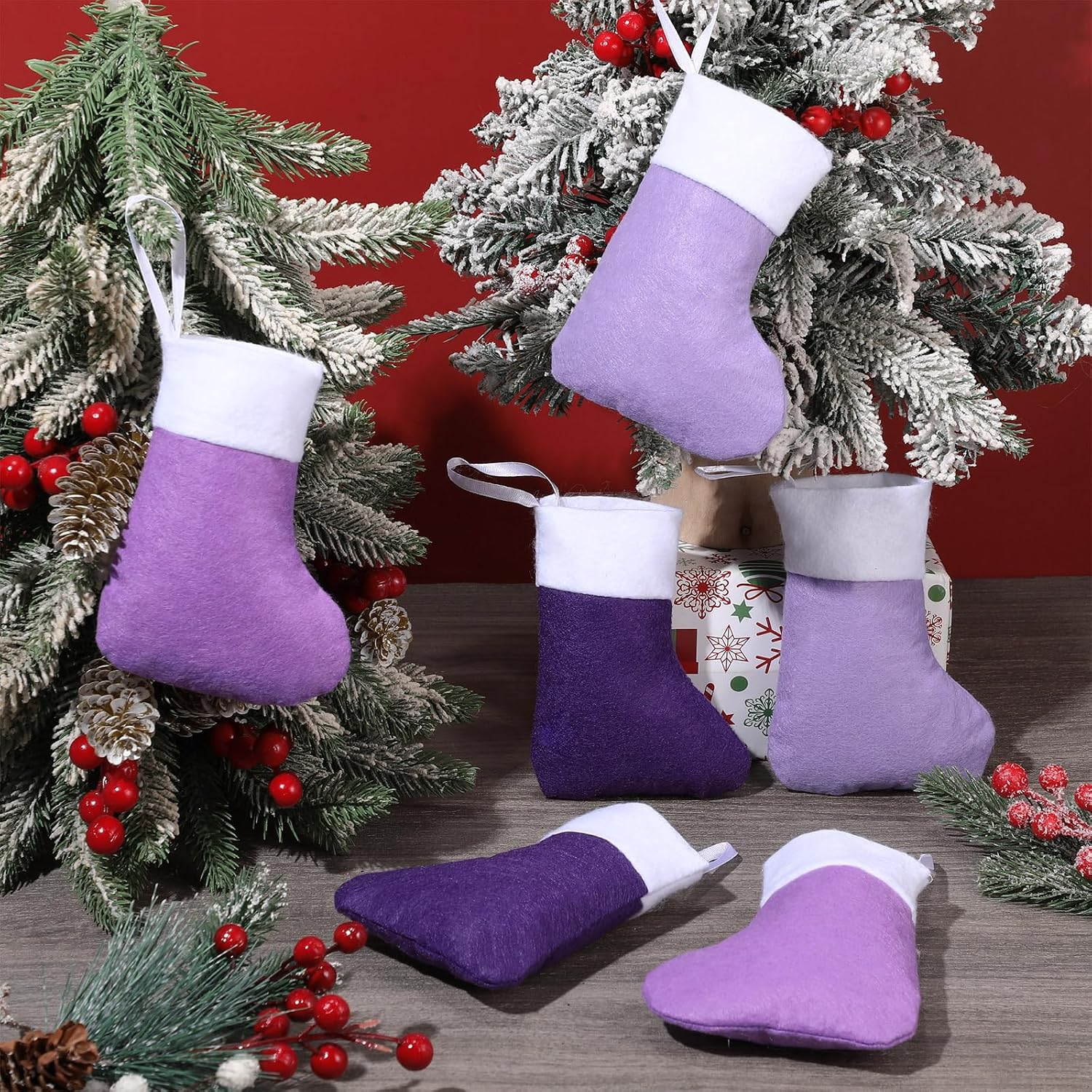 Seematn 24 Pcs Mini Christmas Stockings Xmas Classic Stocking 6.7 Inch Small Christmas Socks Tableware Holder Candy Bag for Christmas Tree Ornaments Party Gift Table Home Decoration(Purple)