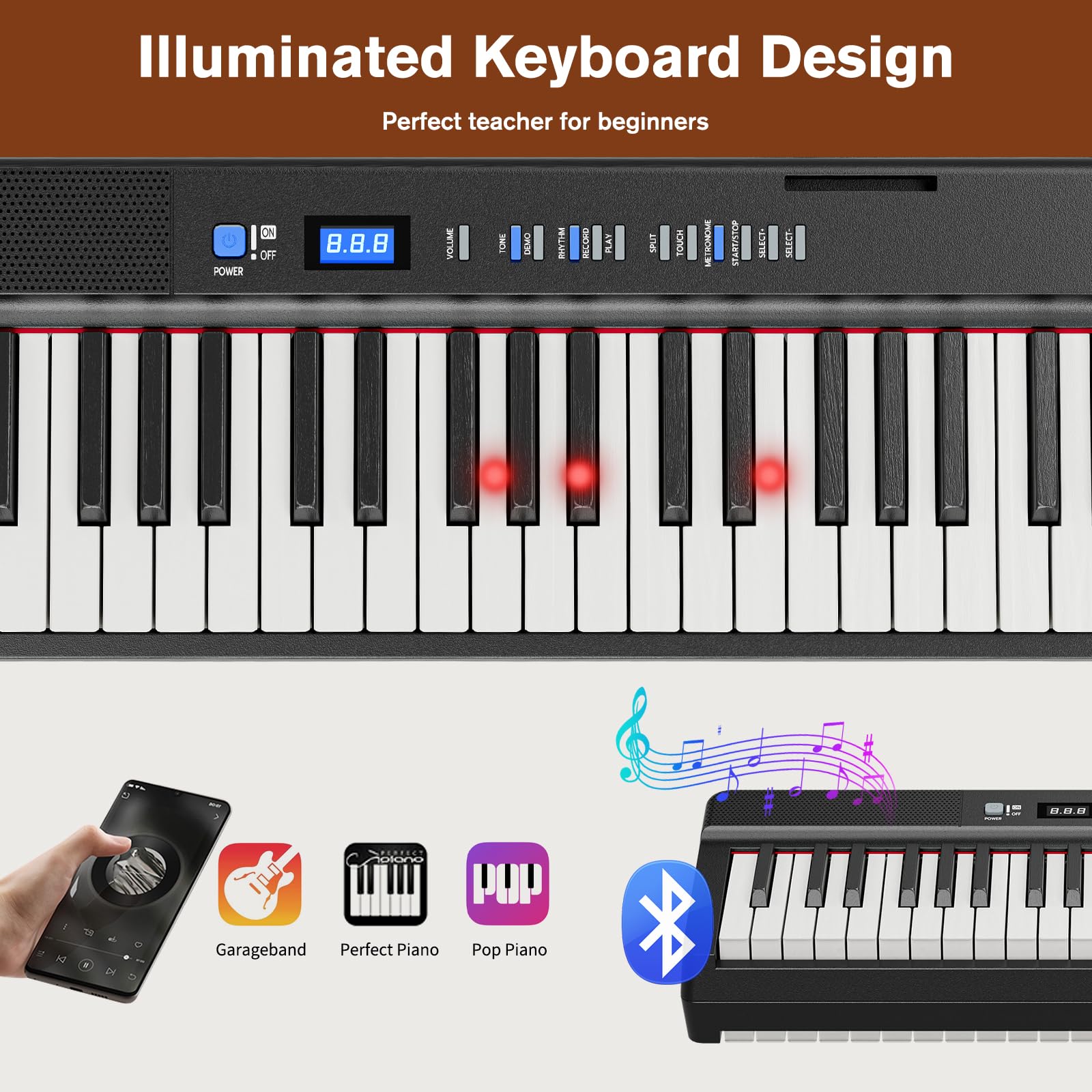 UMOMO Pianoforte digitale pieghevole a 88 tasti con tasti illuminati, pianoforte a tastiera semi-pesata full size con MIDI, pianoforte portatile elettrico per principianti con pedale sustain, borsa