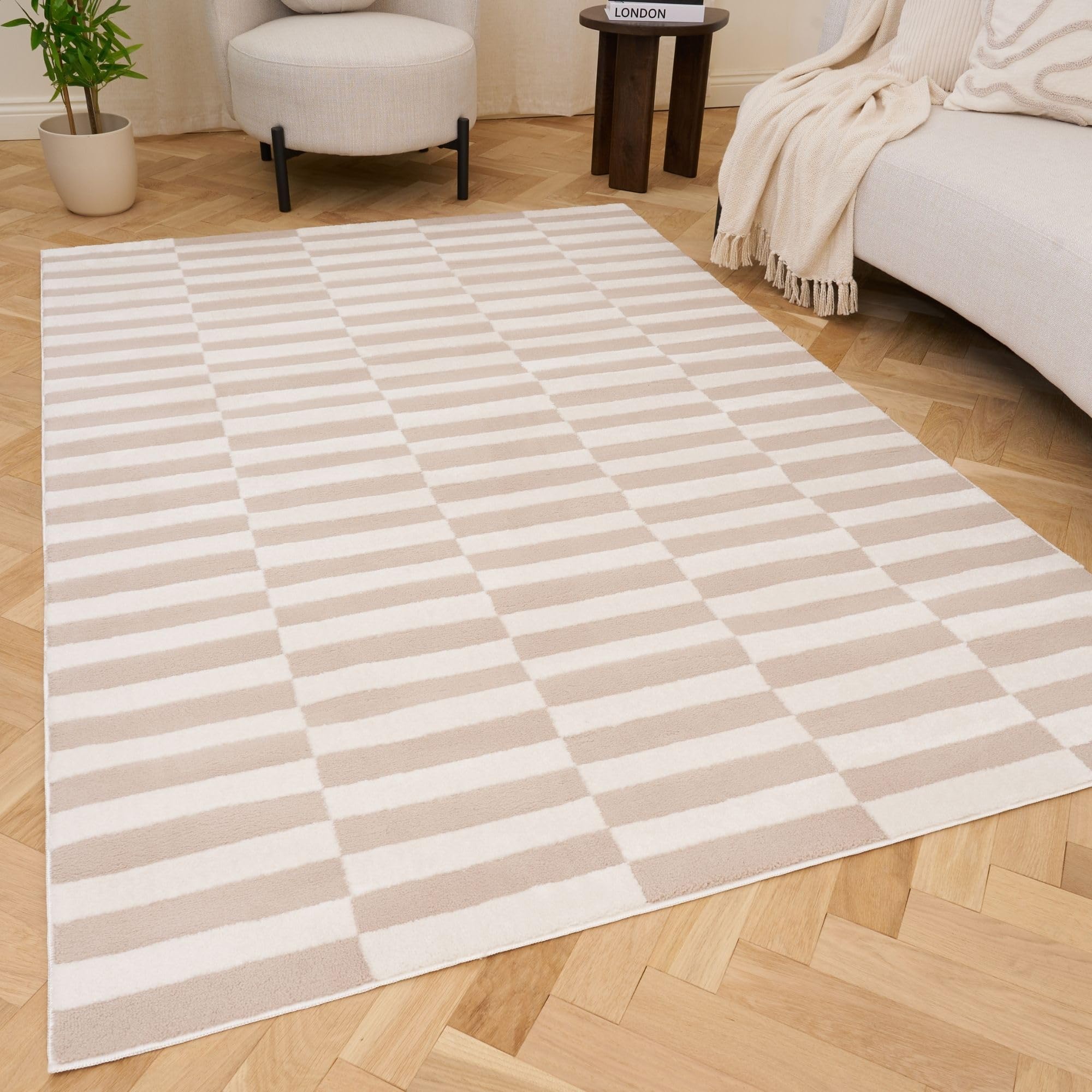 THE RUGS Loft Striped Living Room Area Rug & Runners Soft Pile in Beige | Size: 80cm x 150cm
