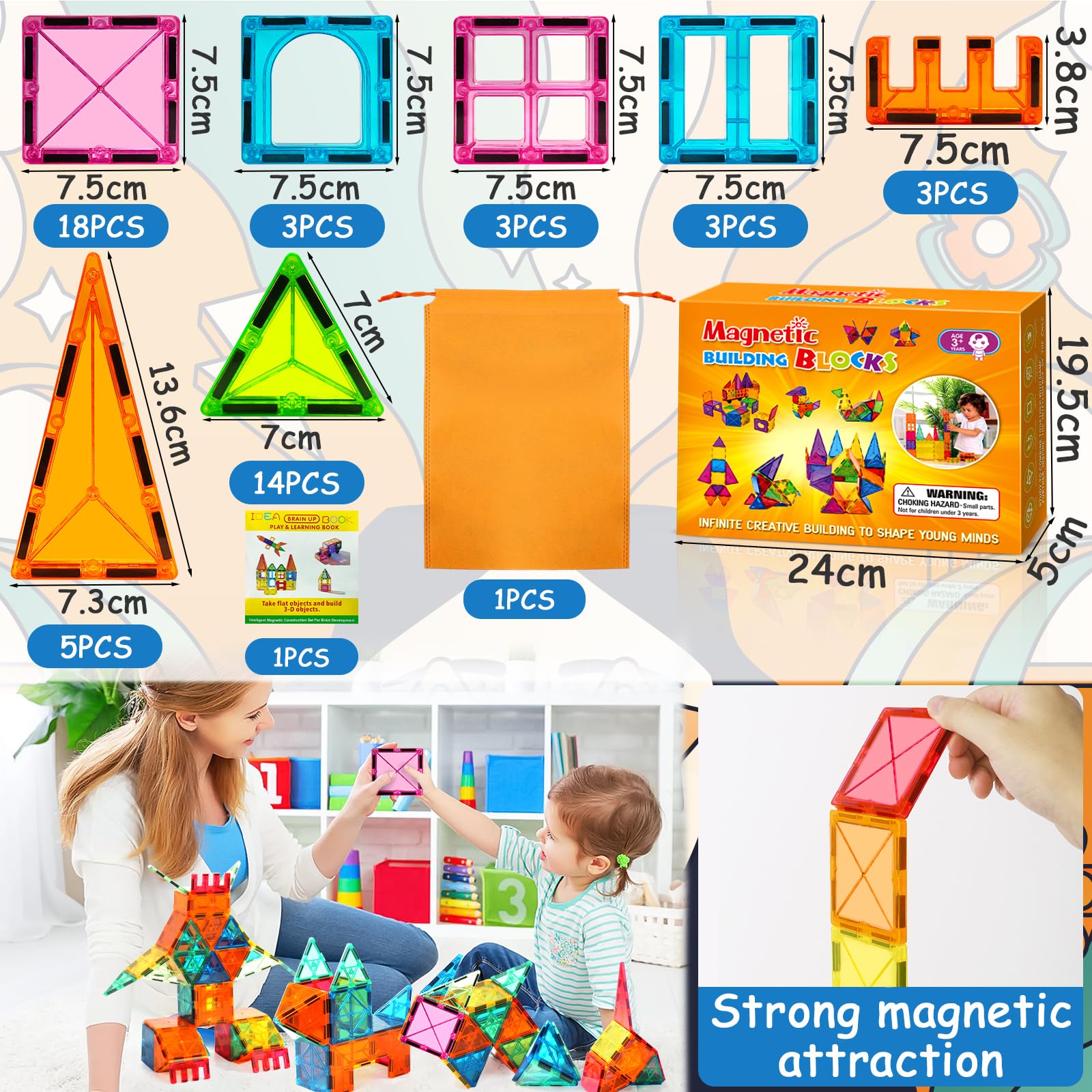 50 PCS Costruzioni Magnetiche per Bambini, Blocchi Magnetici Colorati Quadrati e Triangolari, Forte Adesione Magnetica, Con Sacchetto di Stoccaggio e Manuale, Adatto a Bambini dai 3 Anni