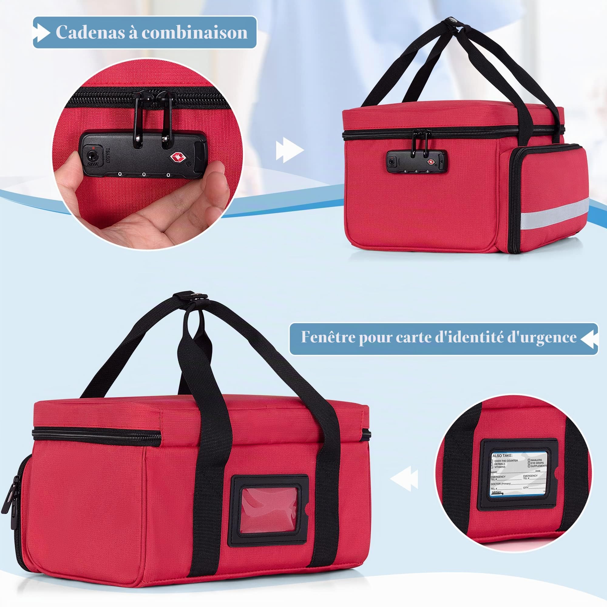 CURMIO Sac de Premiers Secours Vide, Mallette Médicale avec Serrure, Rouge | Trousse Pharmacie Voyage, Organisateur de Médicaments, Cadenas à 3 Chiffres, Cloisons Amovibles, pour Maison/ Travail/ Voyage