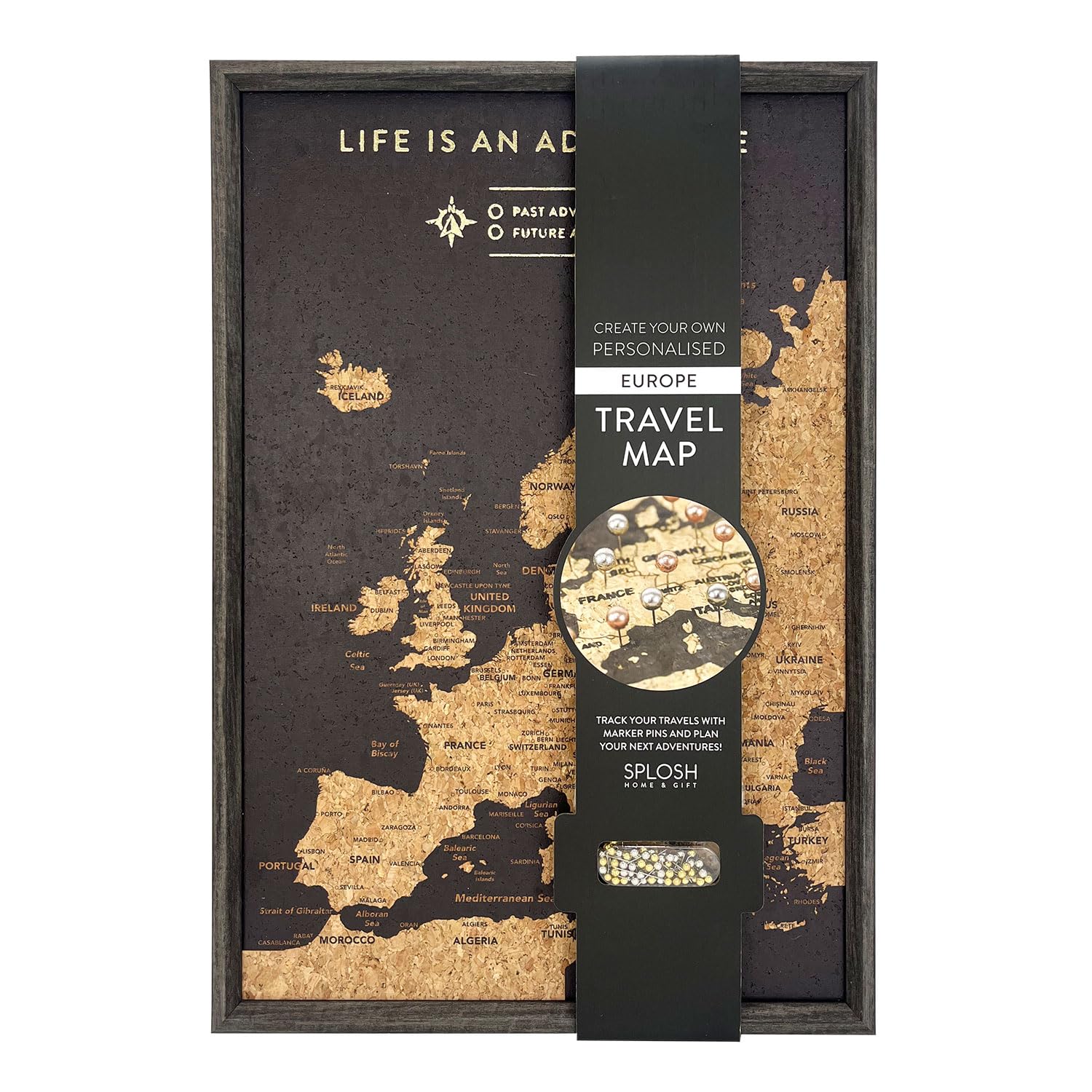 Splosh Carte de l'Europe de Voyage en Liège à Épingler - XL Noir | Carte de l'Europe XL en liège noir à épingler, cadre bois, 100 épingles 3 couleurs, tableau de bureau, 45x31 cm