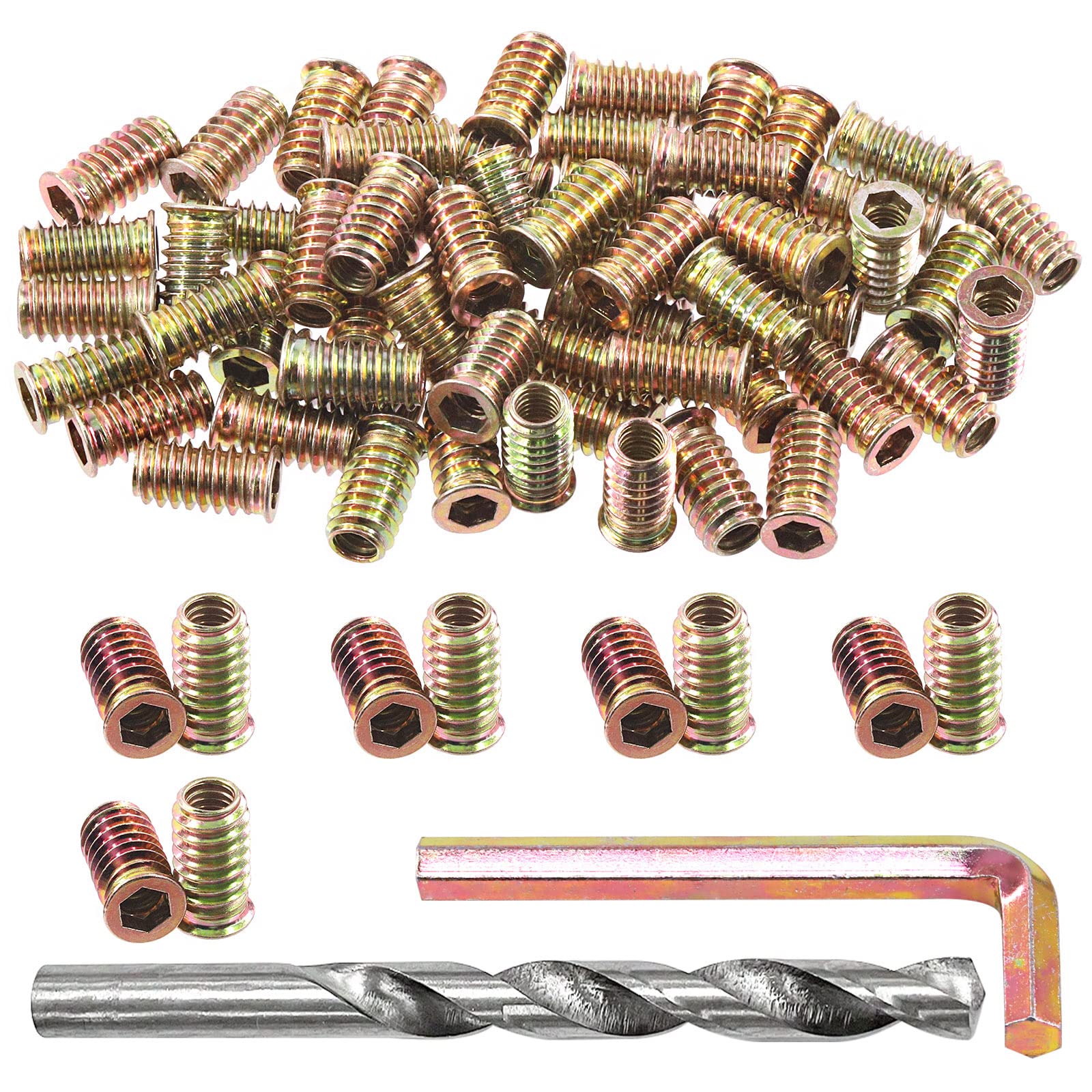 Swpeet 60Pcs 5/16” - 18 x 12mm Carbon Steel Color Zinc Plated Wood Inserts and 11mm Twist Drill with 1Pcs Wrench Assortment Kit, Bolt Furniture Screw in Nut Threaded Hex Socket Drive