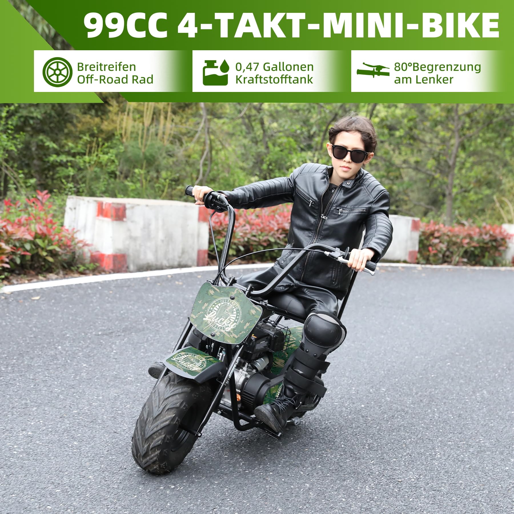Oryxearth 99CC 4-Tempi Dirt Bike Pocket Bike, Moto da Cross per Bambini Benzina, Ruota Offroad a Larghezza, Moto da Cross per Bambini, Moto da Motocross, Adesivi Fai-da-Te Mini Moto dai 13 Anni (Verde