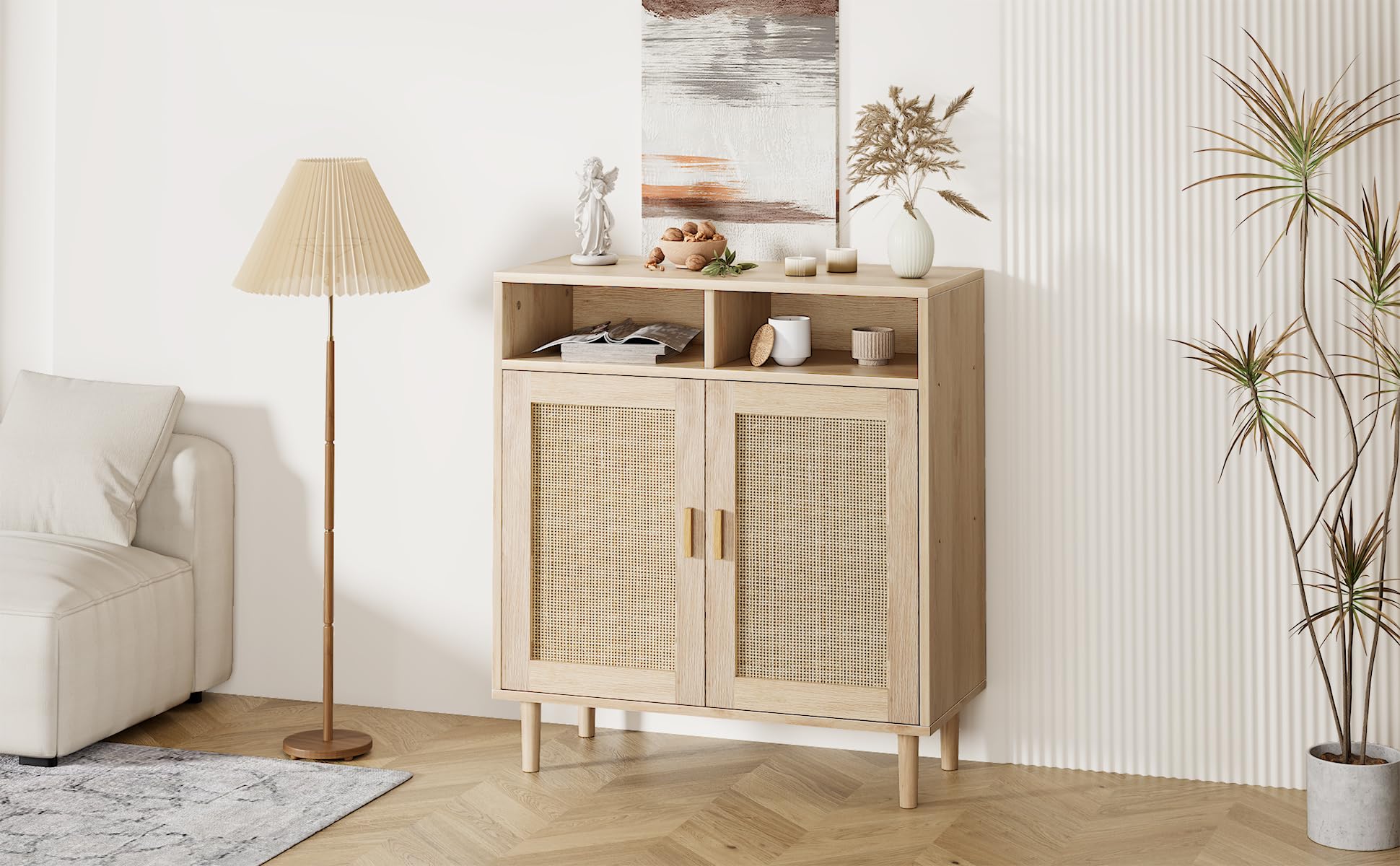 Zstar Aparador de ratán, Mueble de almacenaje Bohemio con estantes, Mueble Bar/credenza de Estilo rústico con 2 Puertas y 2 Compartimentos para salón, recibidor y Cocina.
