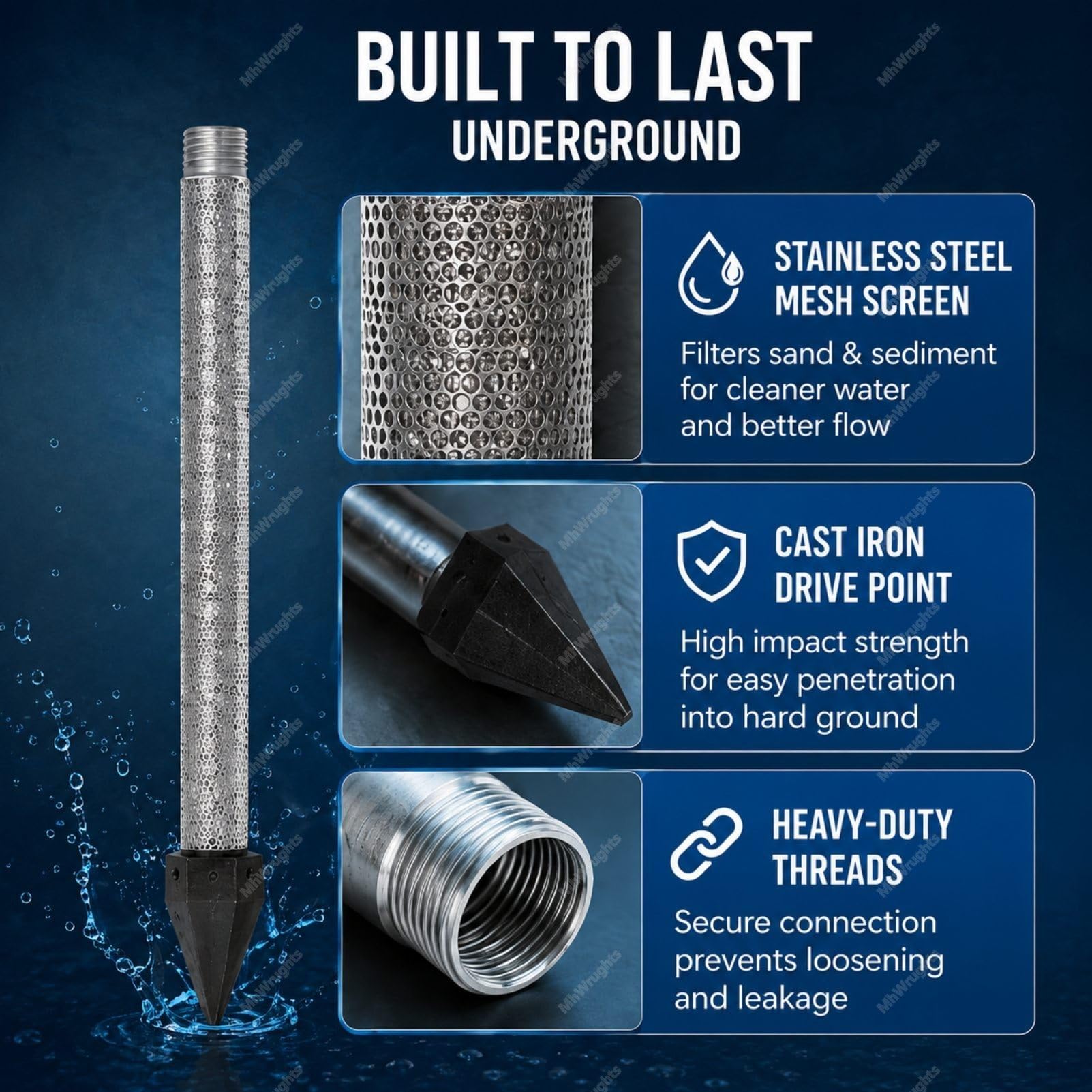 Kit de Forage de puits d'eau, Disponible en configurations de 4 m ou 6 m, Pointe de puits enfoncée de 1-1/4 Pouce avec crépine en Acier Inoxydable et tuyaux d'extension galvanisés 4M