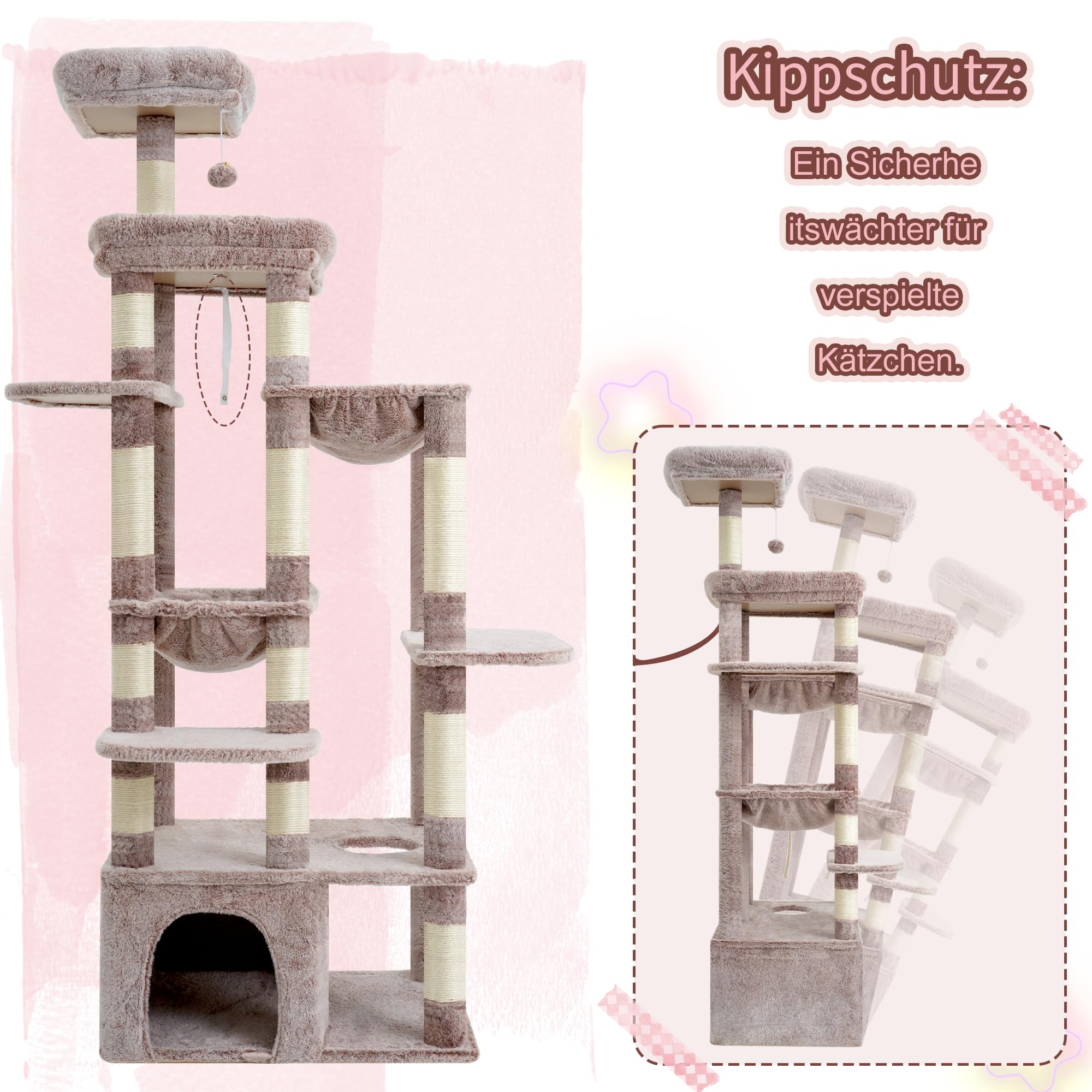 Heybly Kratzbaum, 180 cm Kratzbaum Groß mit extrem Stabiler Basis, XL-Plattform, großes Katzenhaus, 2 Hängematten, mehrstöckige Katzenmöbel für Maine Coon und andere Großkatzen, Braun-beige HCT037MU