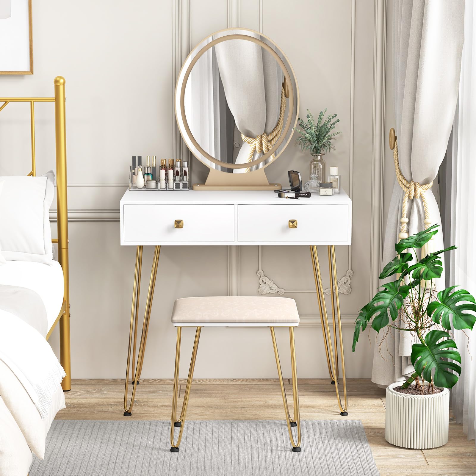 Byroce Vanity Desk with Lighted Mirror, 3 Color Lighting Modes, Adjustable Brightness, 2 Large Drawers & Acrylic Storage Box, Makeup Vanity Table with