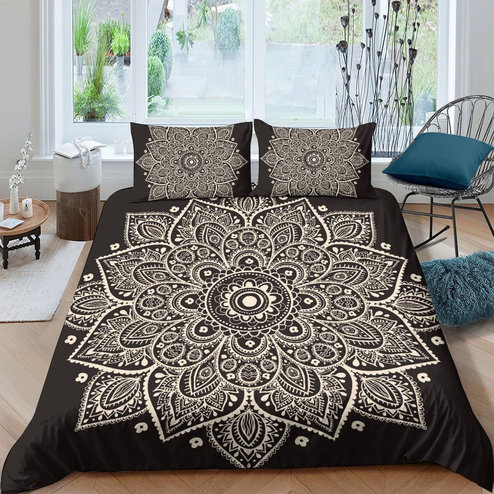 GPLZQXKJNH 3D Printed Mandala Floral Duvet Cover Microfiber Soft Breathable Boho Ethnic Bedding Set with 2 Pillowcases for Bedroom Decor Single（135x200cm）