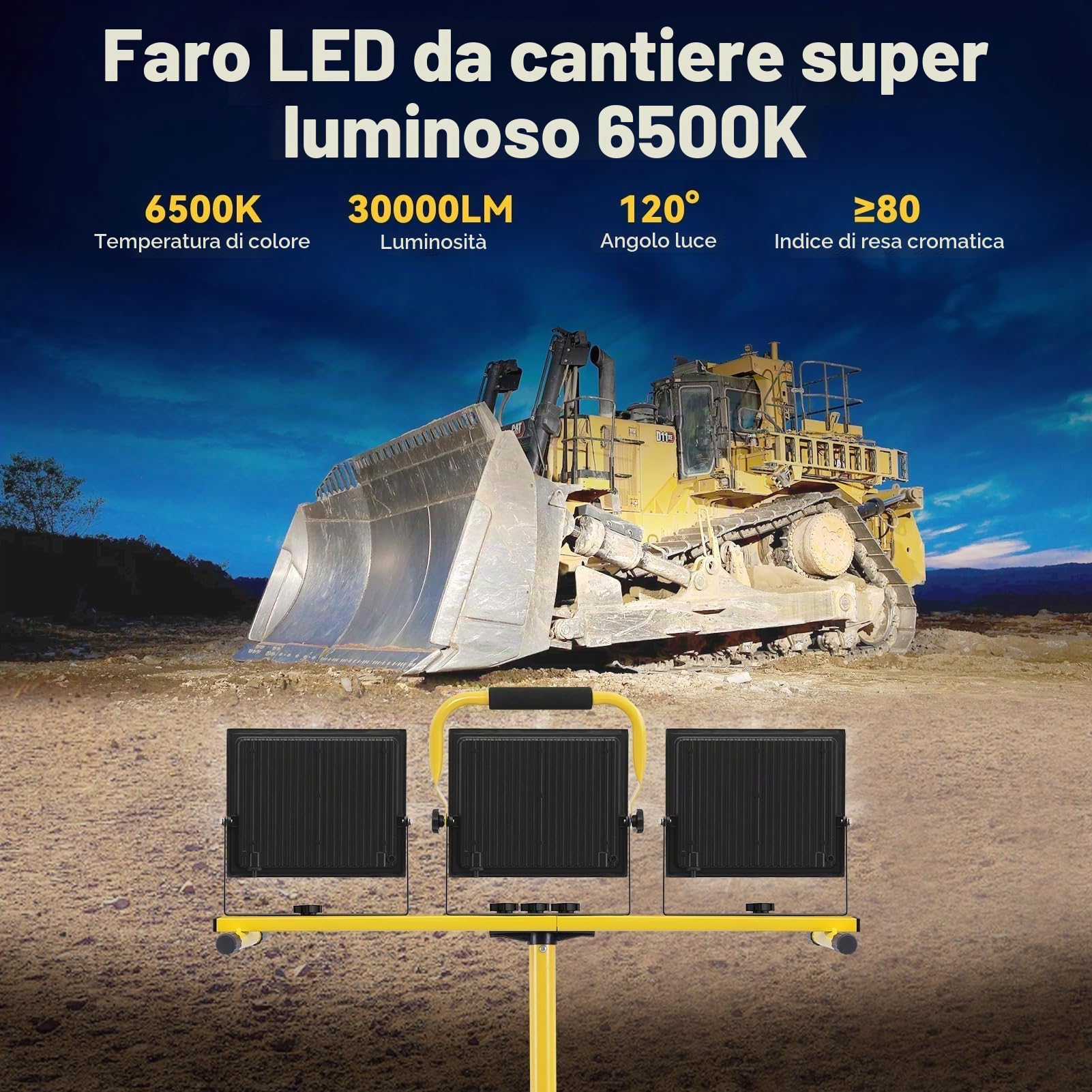 Viugreum Faretto da Cantiere Portatile con Treppiede Telescopico 300W, 24000LM Faro LED, Luce Bianca 6500K, Rotazione 360°, IP66 Impermeabile