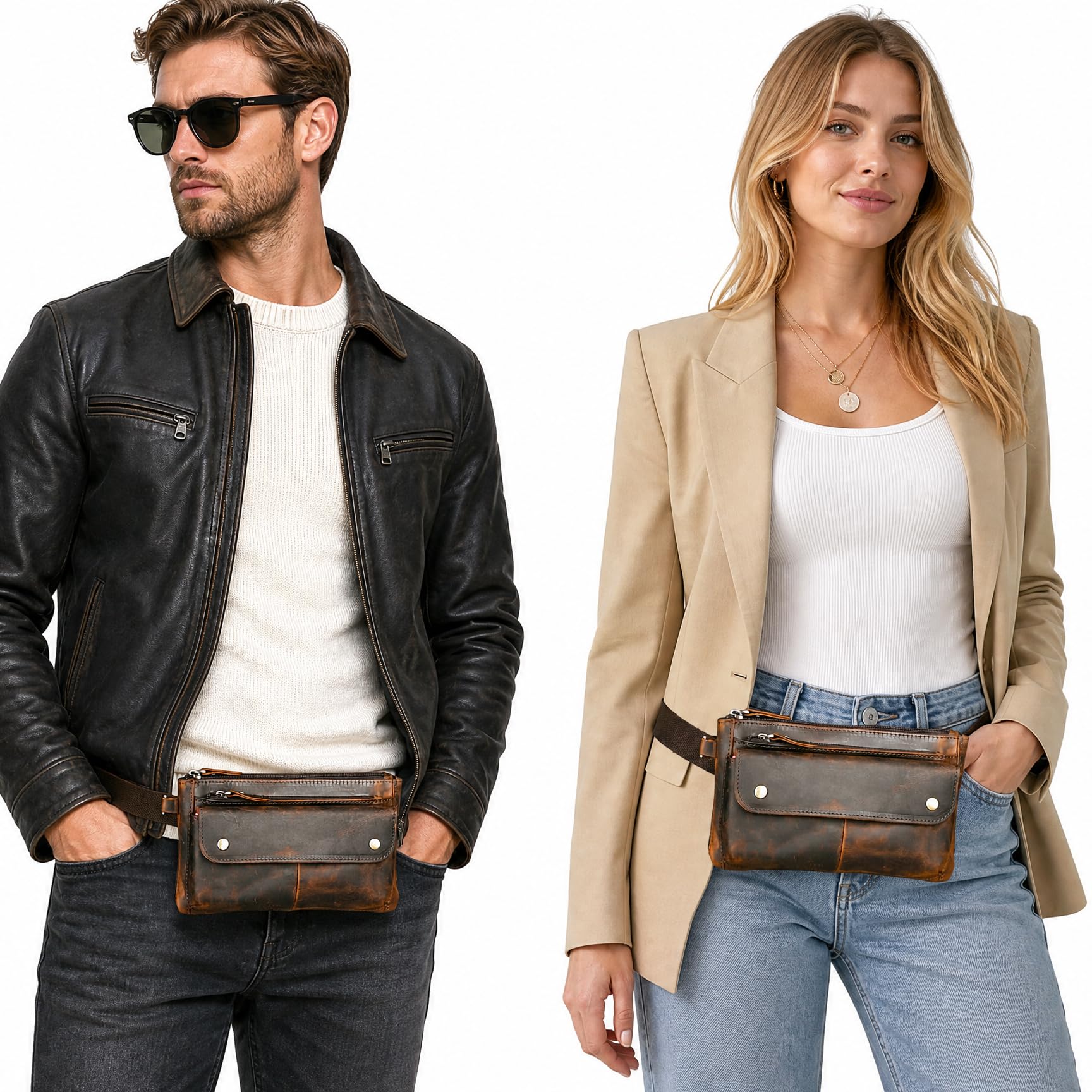 Lona+Cuero Genuino, Bolsa de cinturón al Aire Libre de Senderismo Fanny Cintura Bolsa telefónica para Hombres y Mujeres FB811-29 (100% Cuero - 8136 marrón)