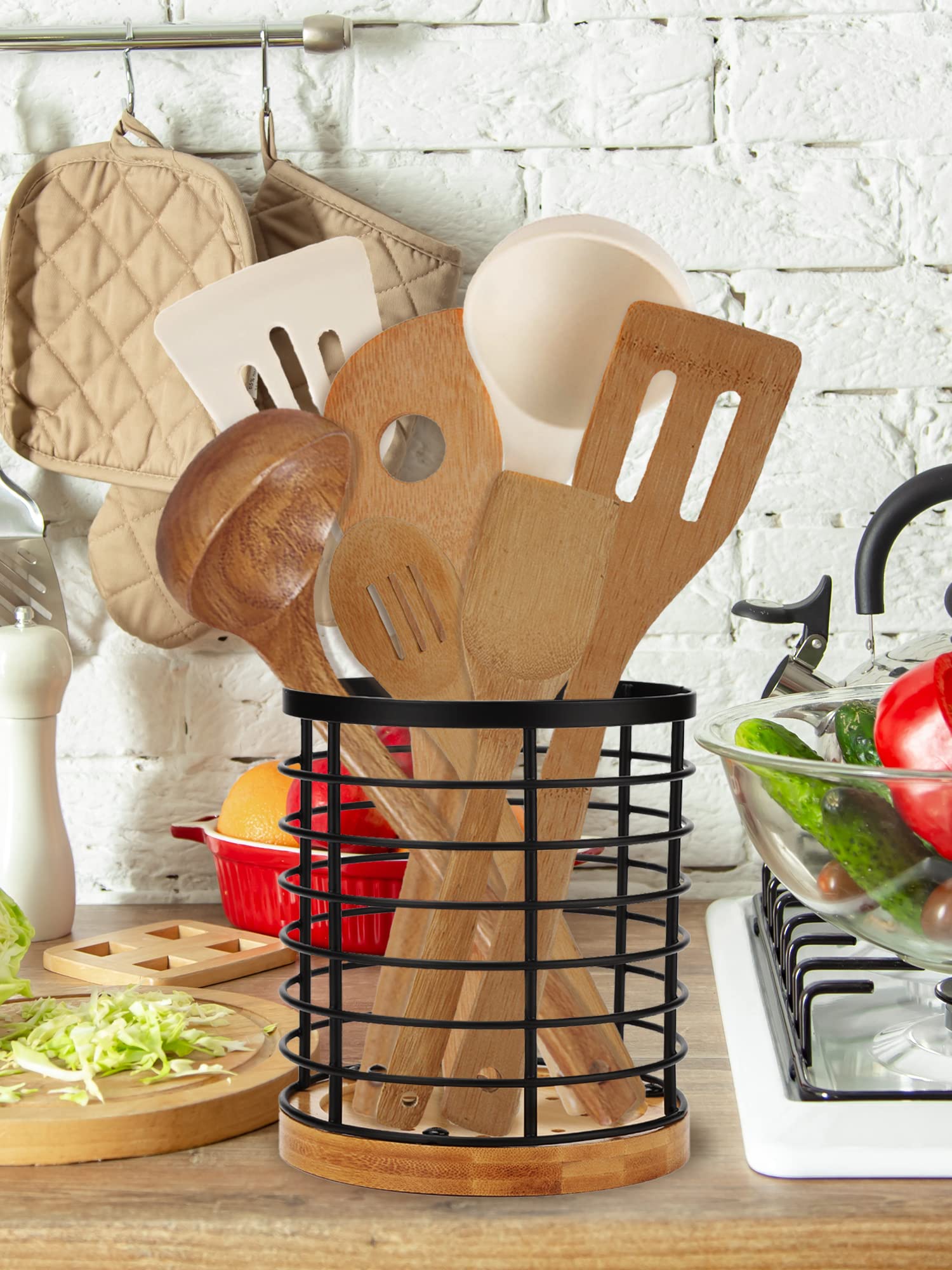 SPLMIFA Kitchen Utensil Holder Large Utensil Holder with Wooden Base and Matte Black Metal holder??îStorage Solutions for Kitchen/Small Items Storage