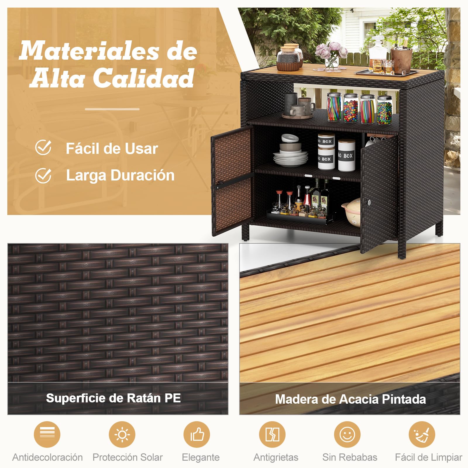 COSTWAY Armario Baja Exterior de Ratán, Armario terraza con Compartimento Abierto y Gabinete Cerrado, Aparador de Mimbre de 2 Puertas Terraza Jardin Exterior, 90 x 53 x 86 cm (marrón)