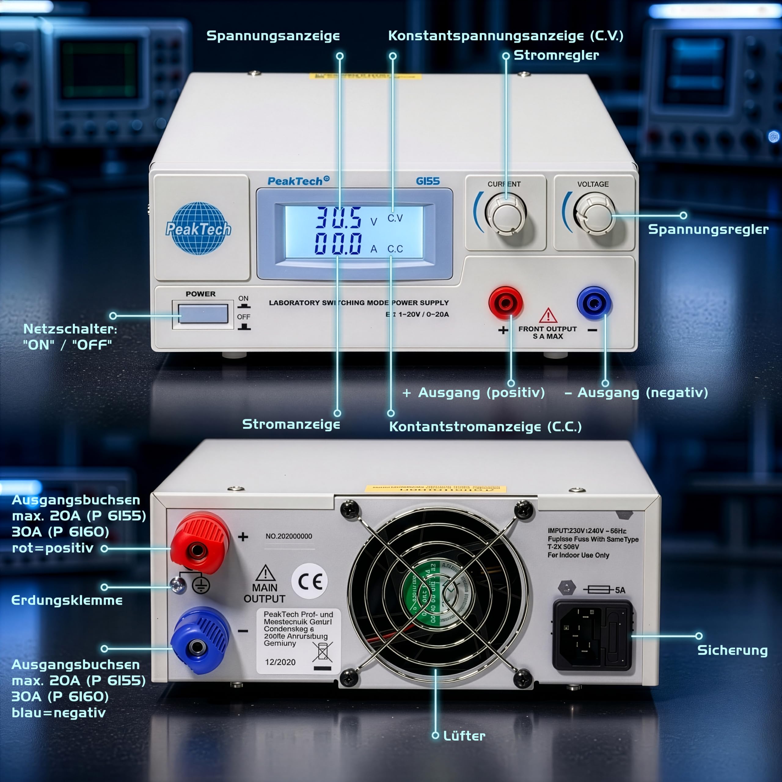 Peaktech 6155 - Alimentatore da Laboratorio Digitale Dc 1-30 V/0-20A, Schermo LCD, Alimentatore a Commutazione Affidabile, Protezione Contro le Sovratensioni, Uscita: 600 W - 214 x 87 x 336 mm