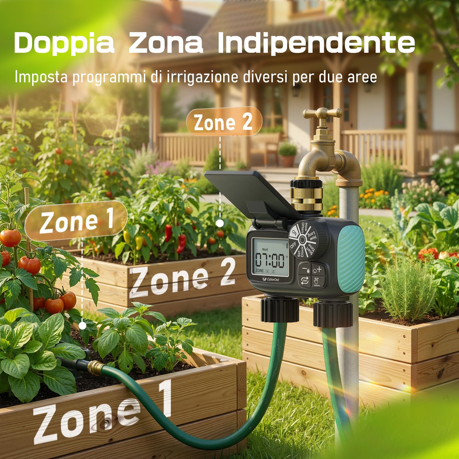 Timer per Irrigazione Solare CyberOrd a 2 Zone, Centralina Irrigazione con Ricarica Solare, Programmatore di Irrigazione con Modalità Auto/Manuale/Ritardo Pioggia per Prato/Patio/Giardino