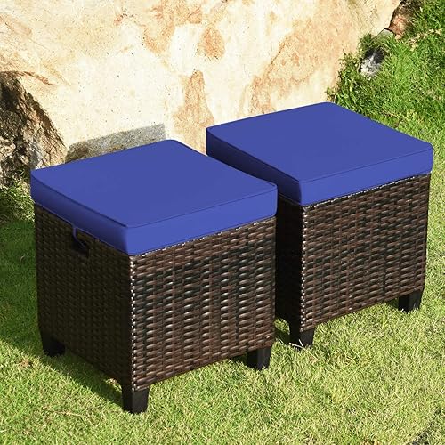 HAPPYGRILL Juego de 2 otomanas de mimbre de ratán para exteriores, con cojines extraíbles, muebles de patio, reposapiés, asiento para reposapiés