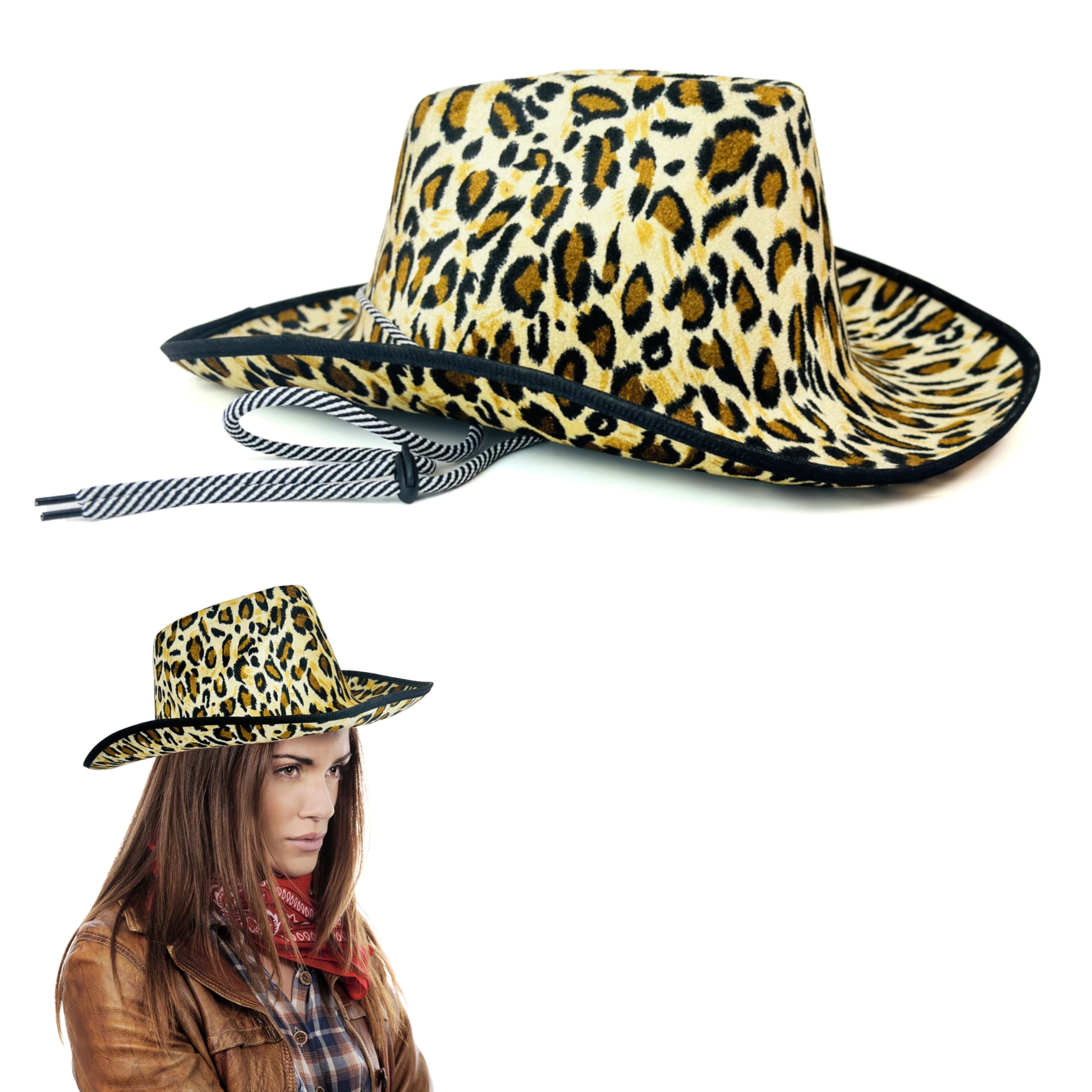 Lizzy Adult Leopard Print Cowboy Hat | Stylish Wide Brim Western Hats for Novelty Fancy Dress Hen Party Cowgirl Halloween Costumes Hats Carnival Music Festival Accessories (Leopard Print)