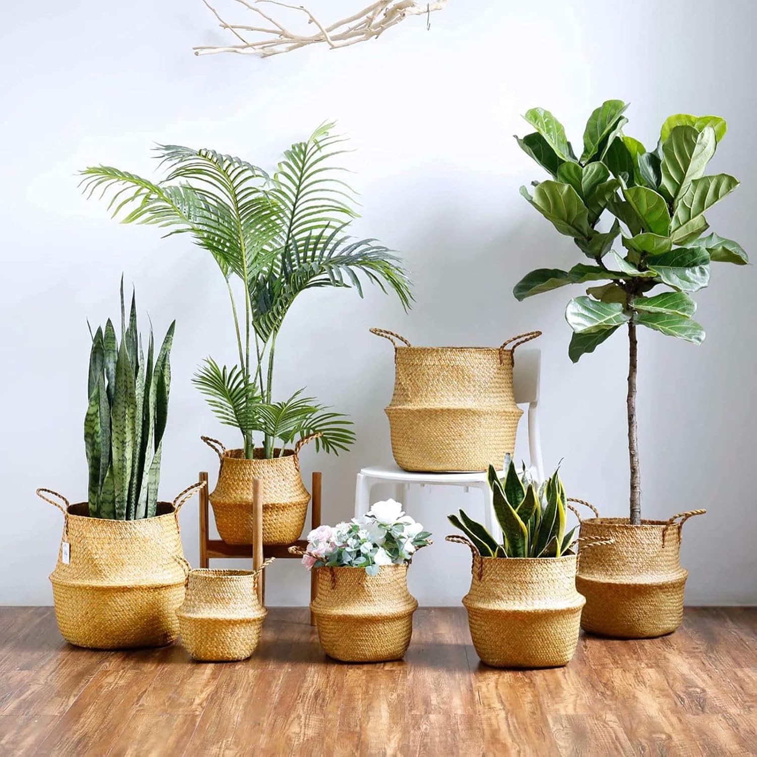 Natural Seagrass Plant Basket with Handles 2 Pack Handmade Woven Belly Basket Home Storage Laundry Picnic Plant Pot Cover Woven Straw Beach Bag for Succulents Flower Storage Basket(Large,Brown)