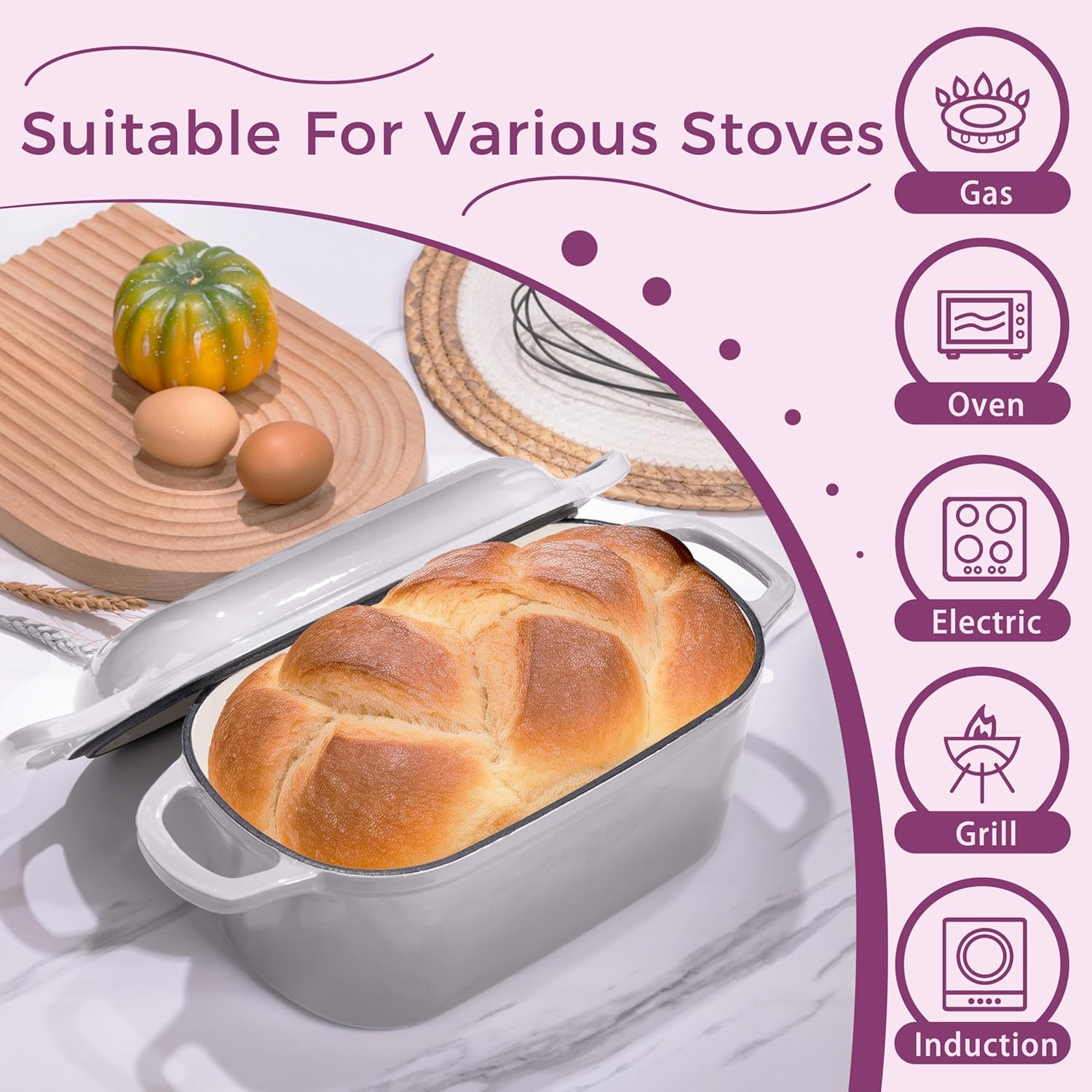 4.6-Quart Oval Dutch Oven for Bread Baking, 2 in 1 Enameled Cast Iron Bread Pan with Lid, Sourdough Bread Dutch Oven for a Crispy Crust, Oyster Grey - Image 4
